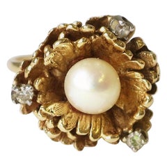 Vintage 14-Karat Yellow Gold Pearl and Diamond Cocktail Ring, circa 1960s