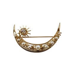 Vintage 14 Karat Yellow Gold, Pearl and Diamond Crescent Moon Pin/Brooch