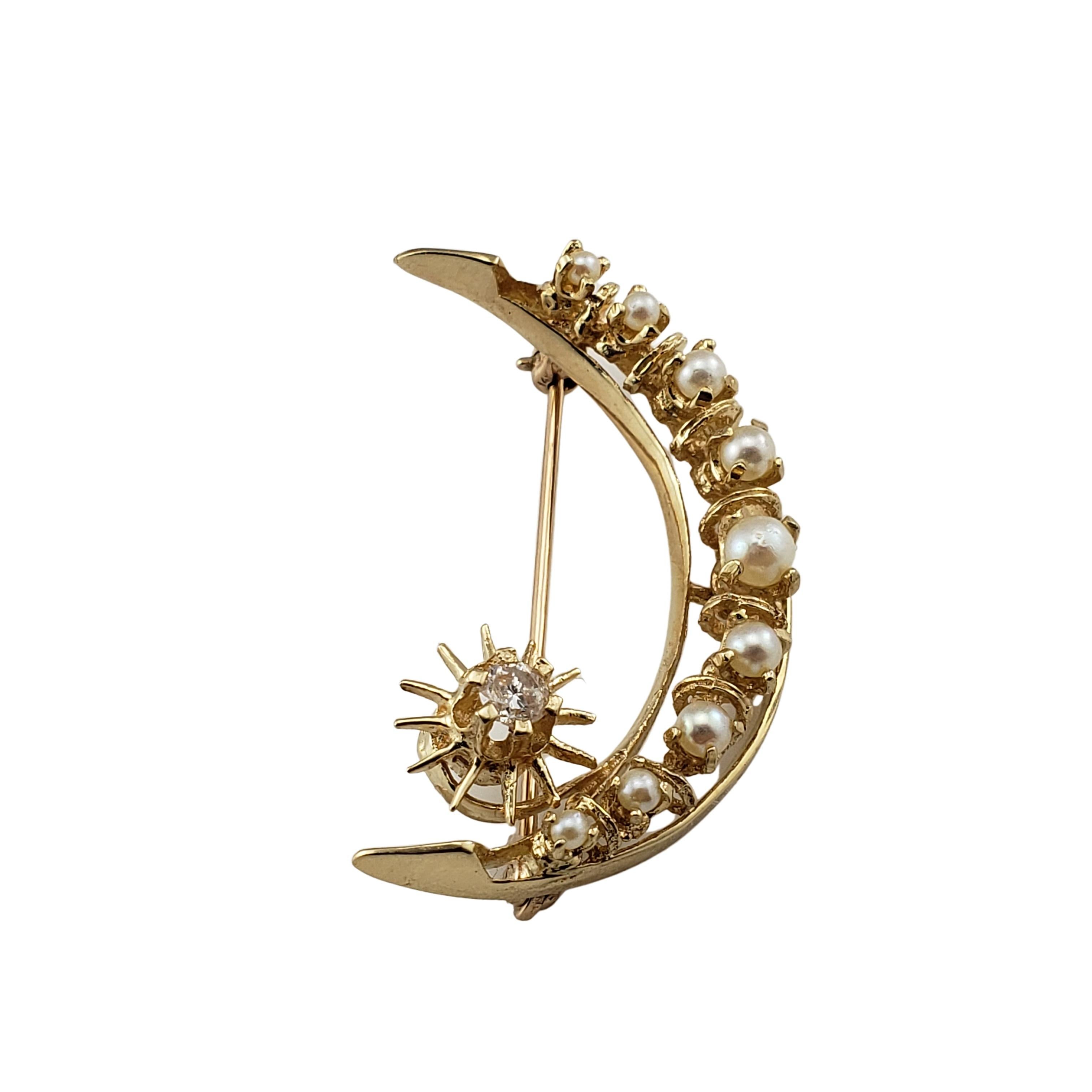 Brilliant Cut Vintage 14 Karat Yellow Gold, Pearl and Diamond Crescent Moon Pin/Brooch For Sale