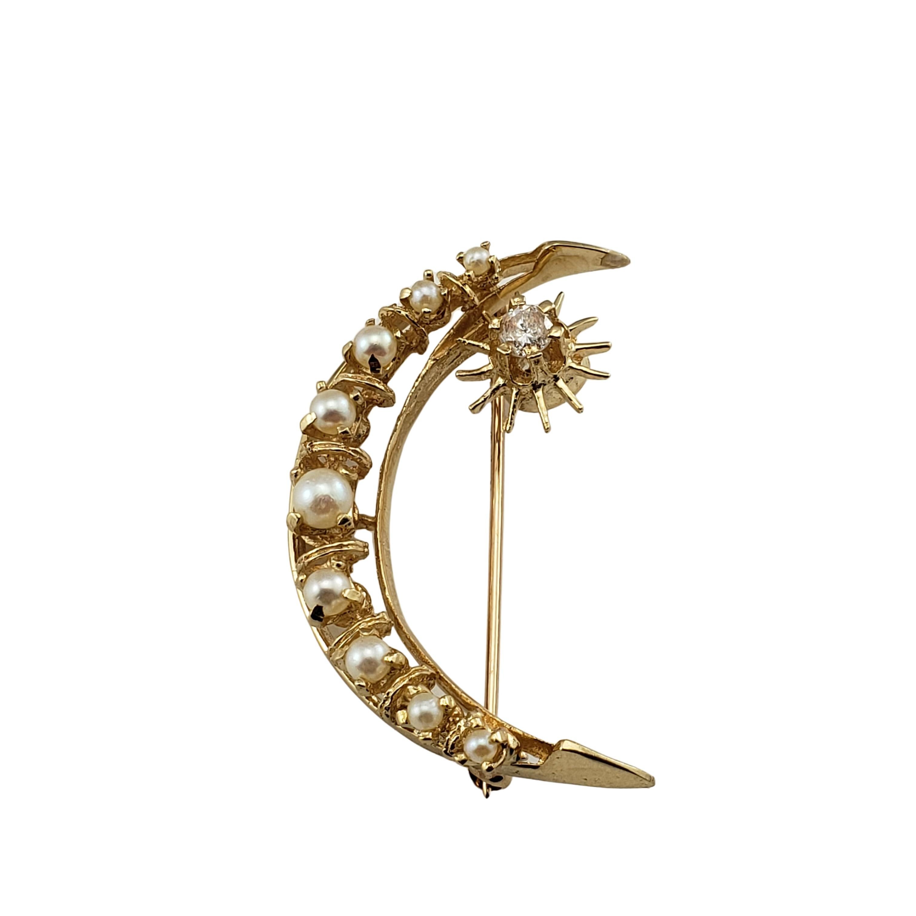 Women's Vintage 14 Karat Yellow Gold, Pearl and Diamond Crescent Moon Pin/Brooch For Sale