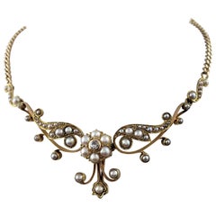 Vintage 14 Karat Yellow Gold Pearl and Diamond Pendant Necklace