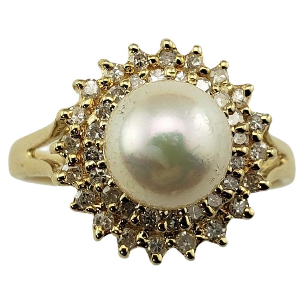 14 Karat Yellow Gold Pearl and Diamond Ring For Sale at 1stDibs