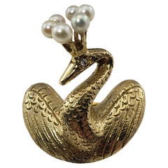 Vintage 14 Karat Yellow Gold, Pearl and Diamond Swan Brooch/Pin