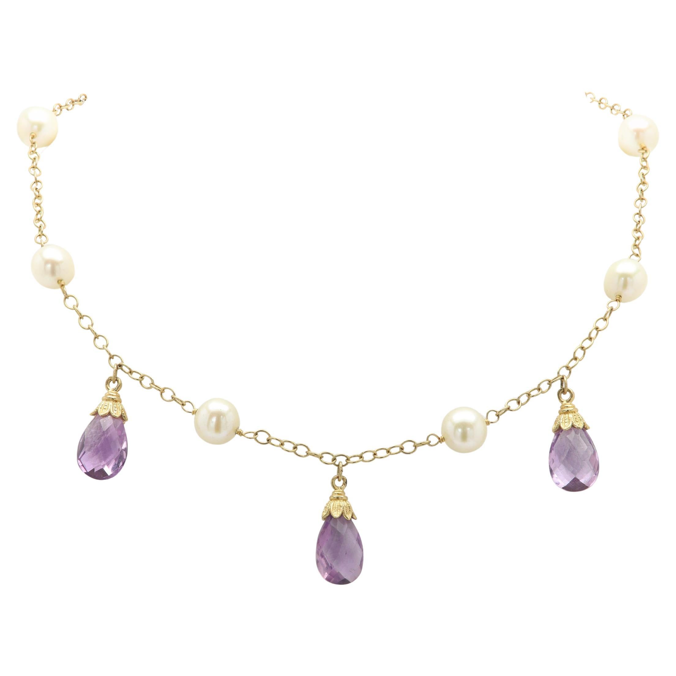 Vintage 14 Karat Yellow Gold Pearl Choker Beaded Chain with Amethyst Necklace