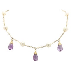 Vintage 14 Karat Yellow Gold Pearl Choker Beaded Chain with Amethyst Necklace