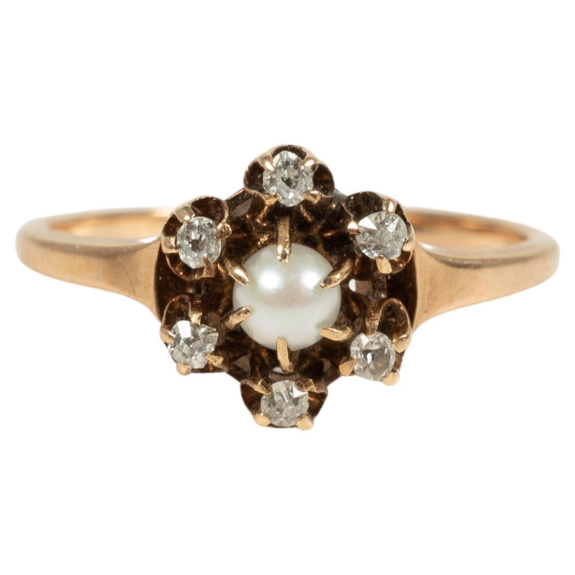 Vintage 14 Karat Yellow Gold Pearl Diamond Ring  For Sale