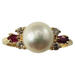 14 Karat Yellow Gold Pearl Ruby and Diamond Ring