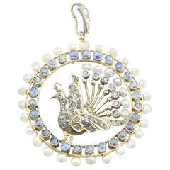 Vintage 14 Karat Yellow Gold Pearl, Sapphire and Diamond Peacock Pendant