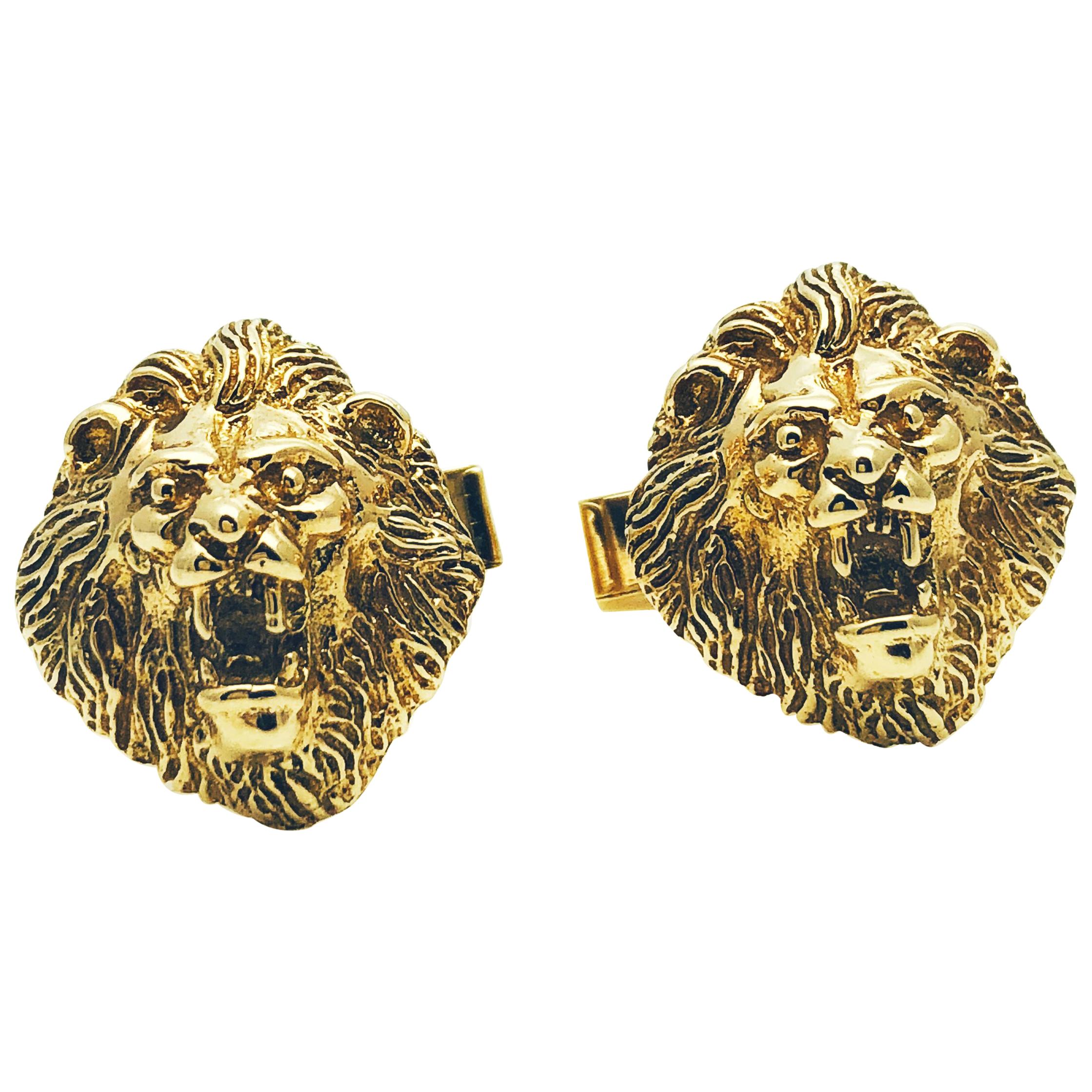 Vintage 14 Karat Yellow Gold Roaring Lion Head Cufflinks
