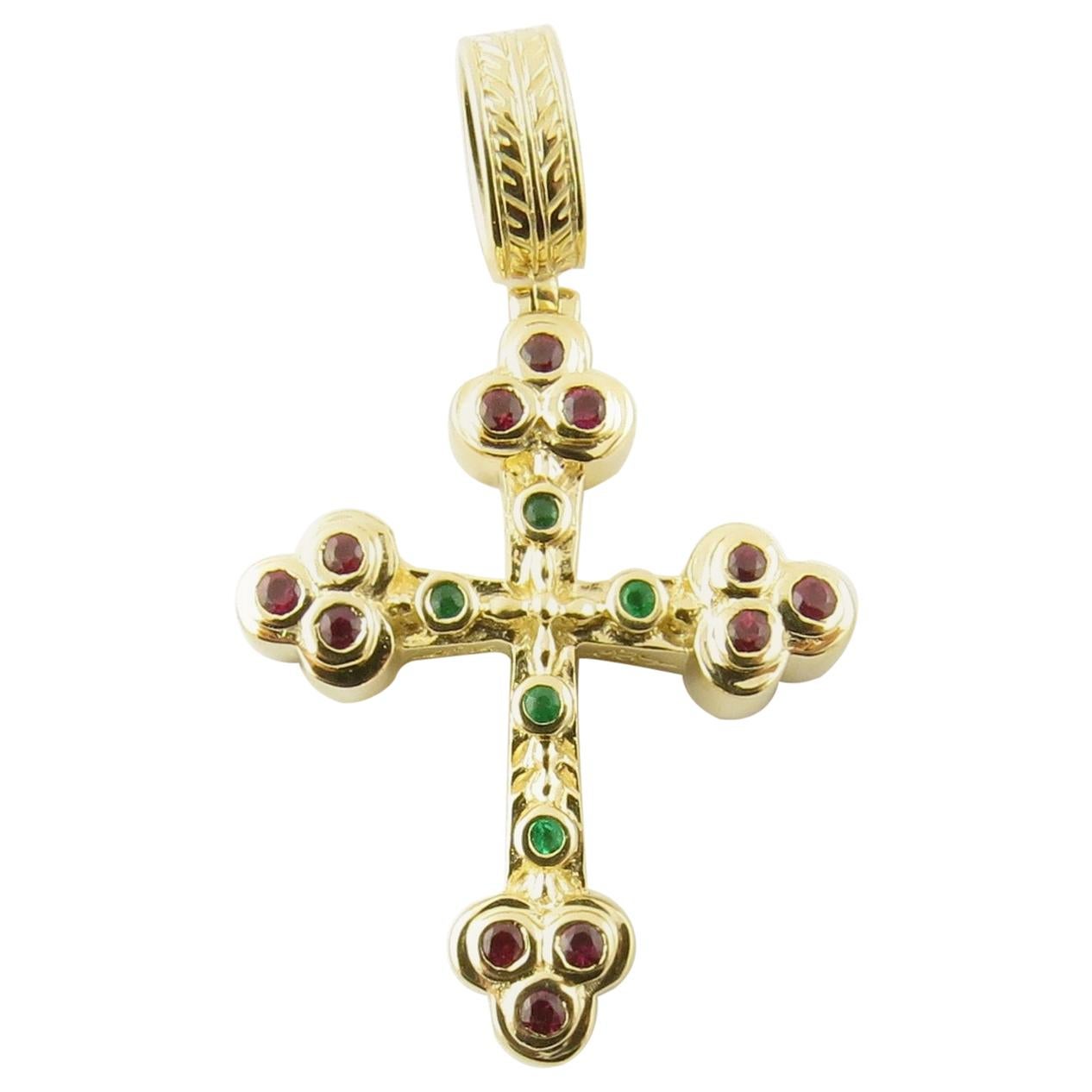 Vintage 14 Karat Yellow Gold Ruby and Emerald Cross Pendant #4351