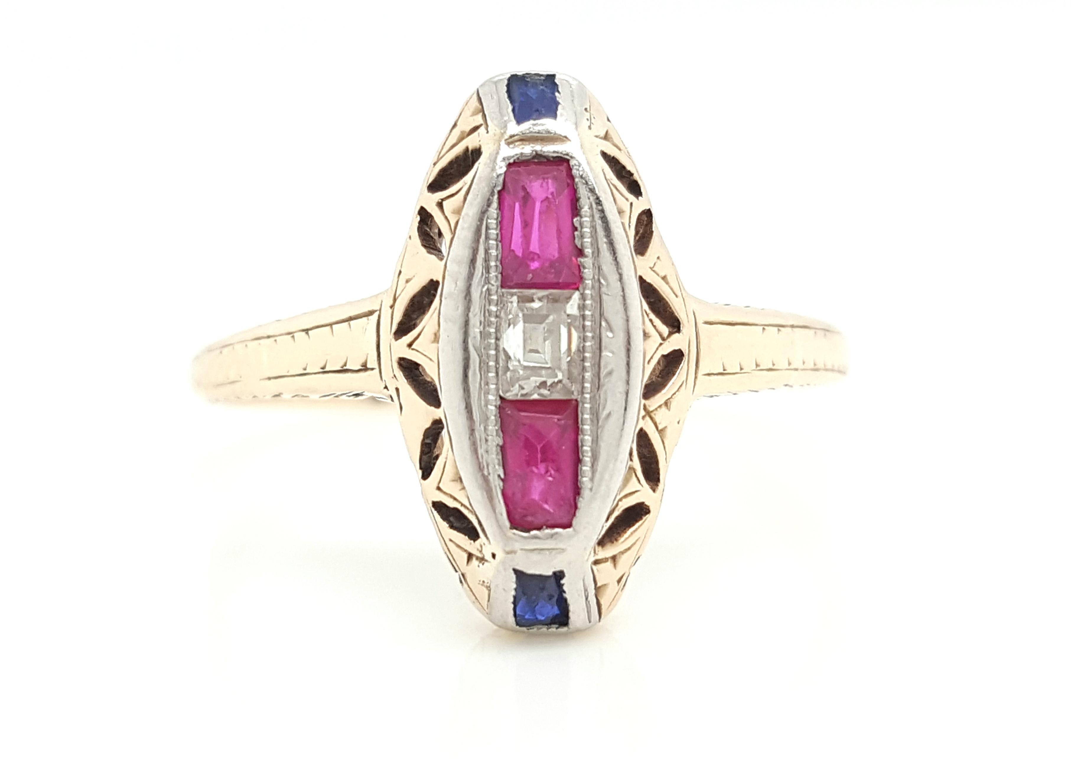 Late Victorian Vintage 14 Karat Yellow Gold Ruby Sapphire and Diamond Antique Navette Ring
