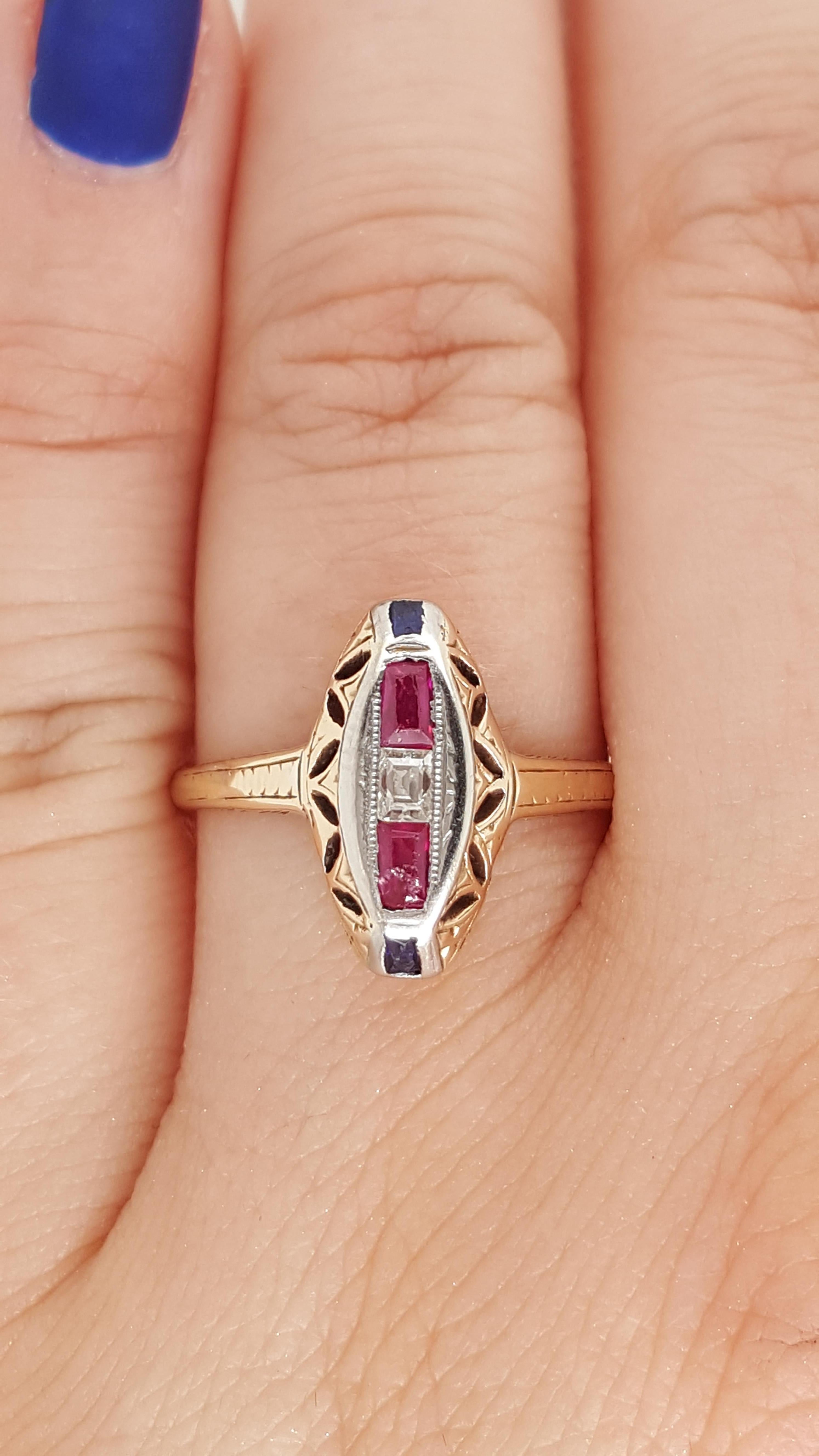 Emerald Cut Vintage 14 Karat Yellow Gold Ruby Sapphire and Diamond Antique Navette Ring