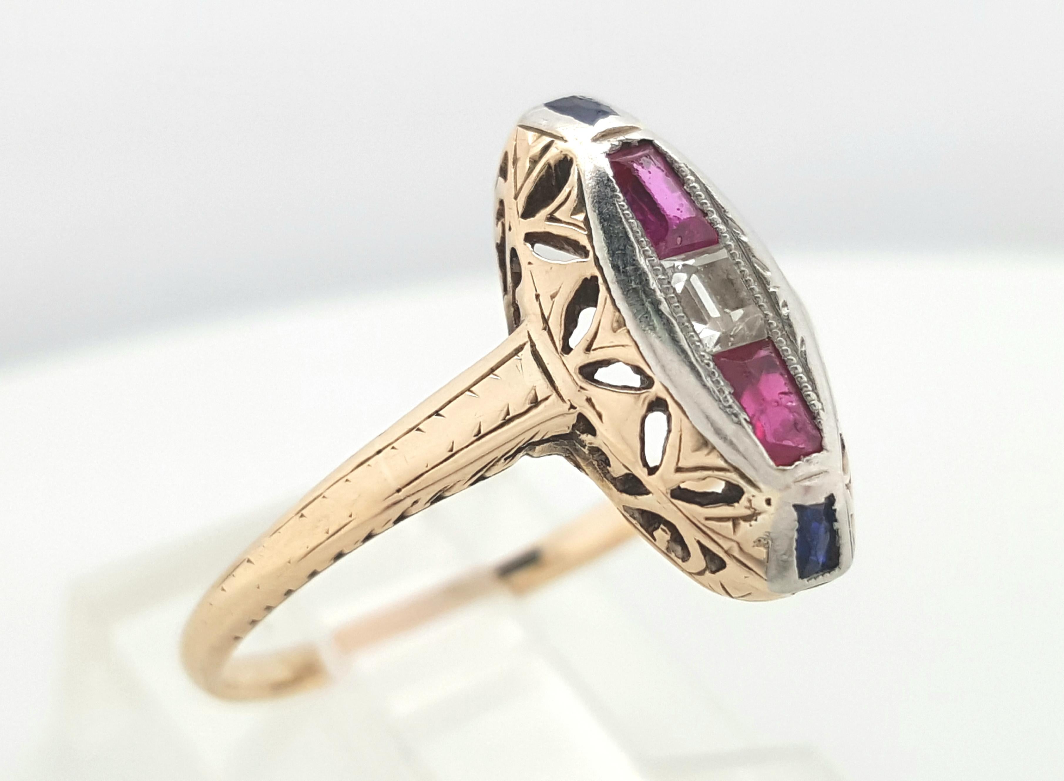 Vintage 14 Karat Yellow Gold Ruby Sapphire and Diamond Antique Navette Ring In Good Condition In Addison, TX
