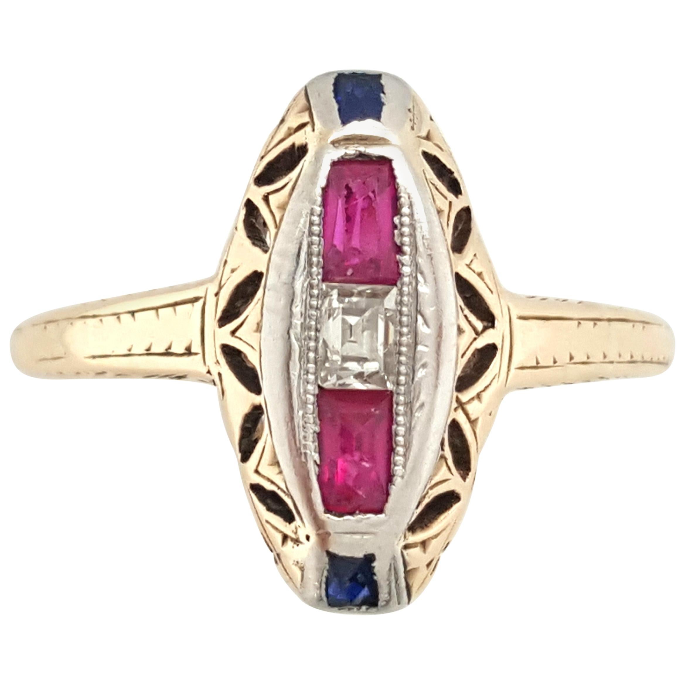 Vintage 14 Karat Yellow Gold Ruby Sapphire and Diamond Antique Navette Ring