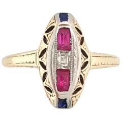 Antique 14 Karat Yellow Gold Ruby Sapphire and Diamond Antique Navette Ring