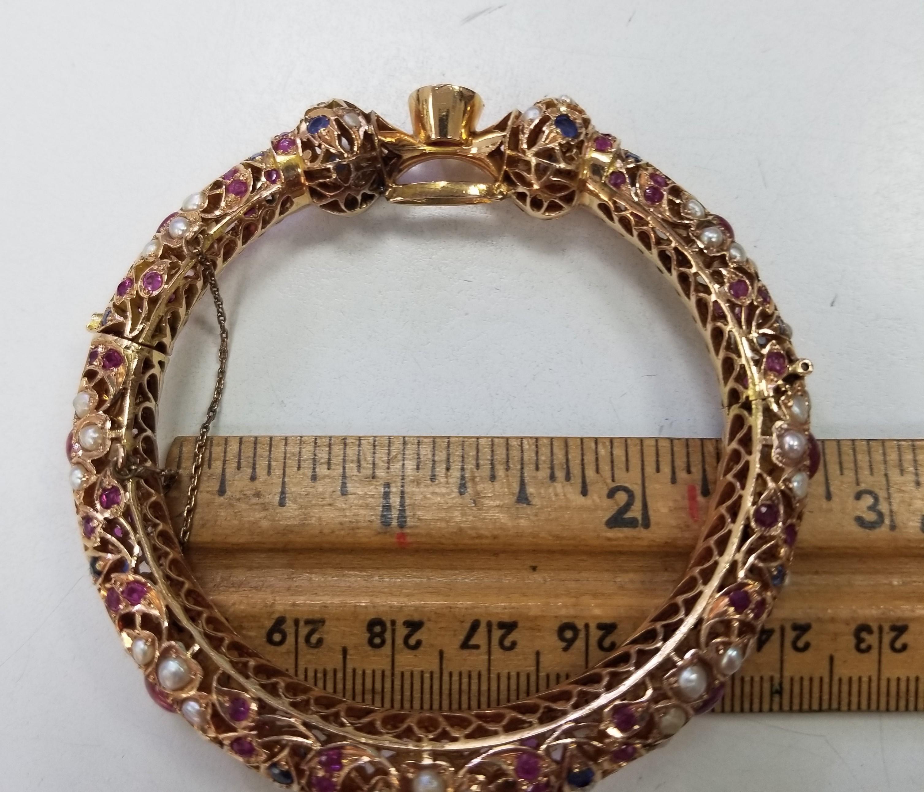 Artist Vintage 14 Karat Yellow Gold Ruby, Sapphire and Pearl Bangle form the 