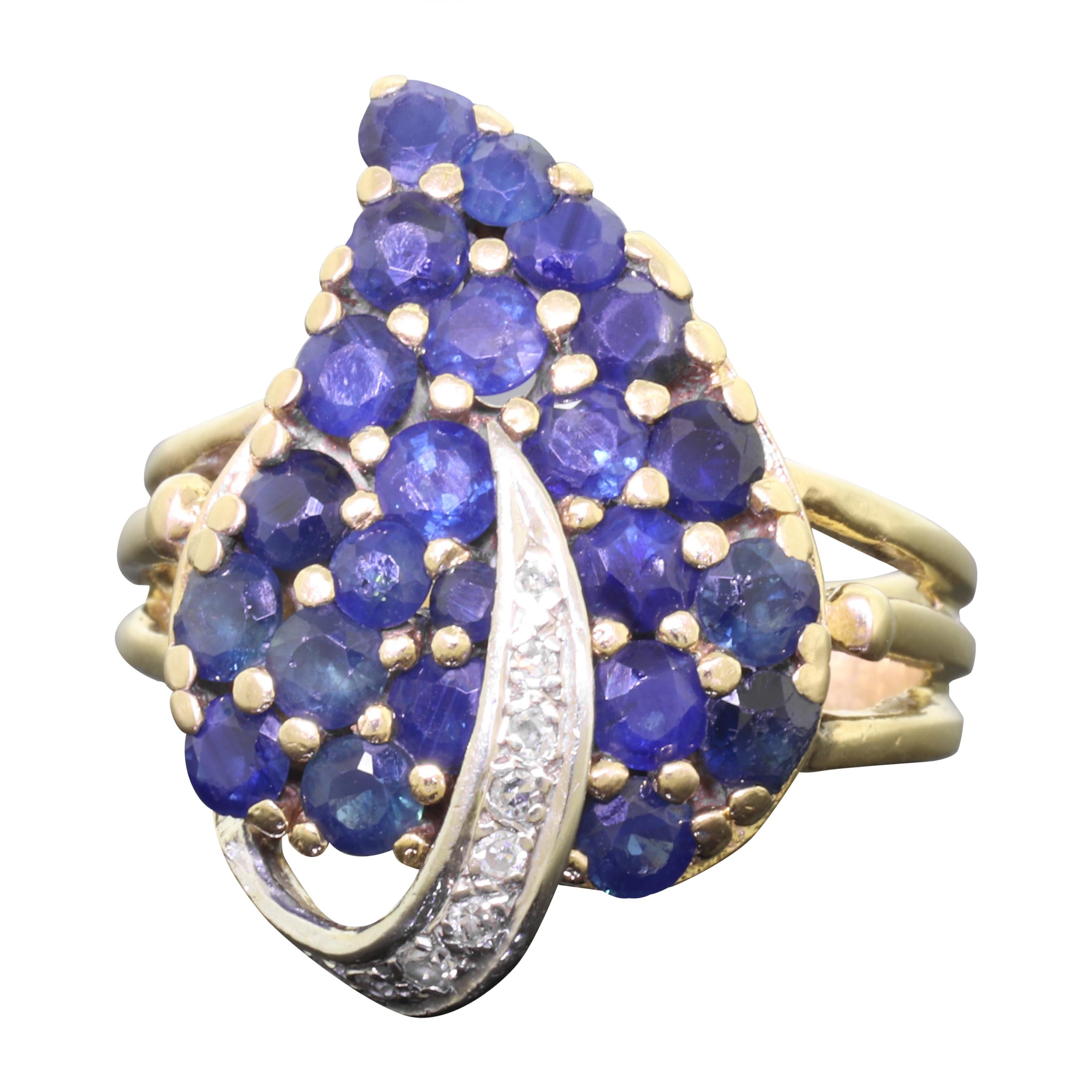 Vintage 14 Karat Yellow Gold Sapphire and Diamond Cocktail Dinner Leaf Ring For Sale