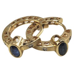 Vintage 14 Karat Yellow Gold Sapphire and Diamond Hoop Earrings