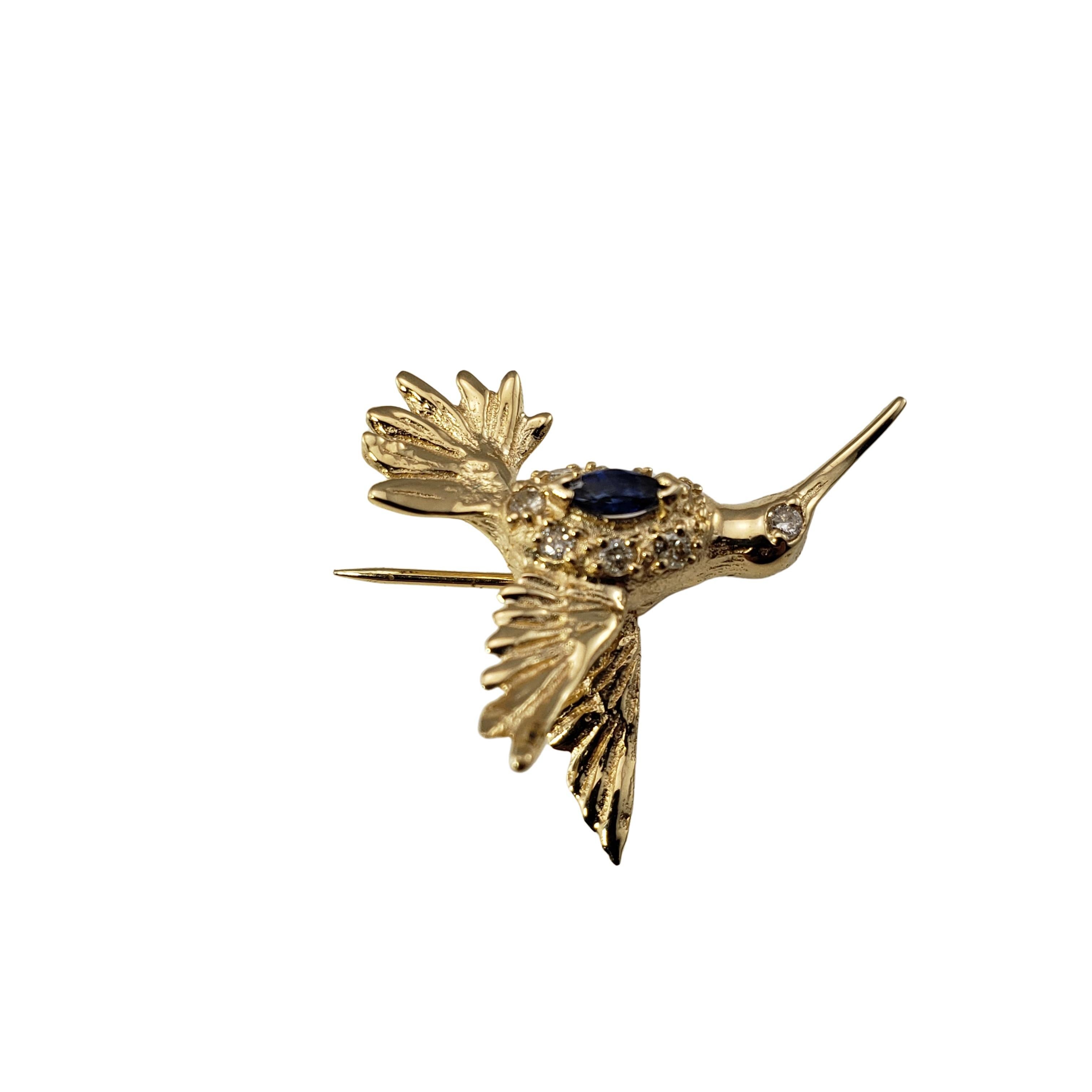 Brilliant Cut Vintage 14 Karat Yellow Gold Sapphire and Diamond Hummingbird Lapel Pin