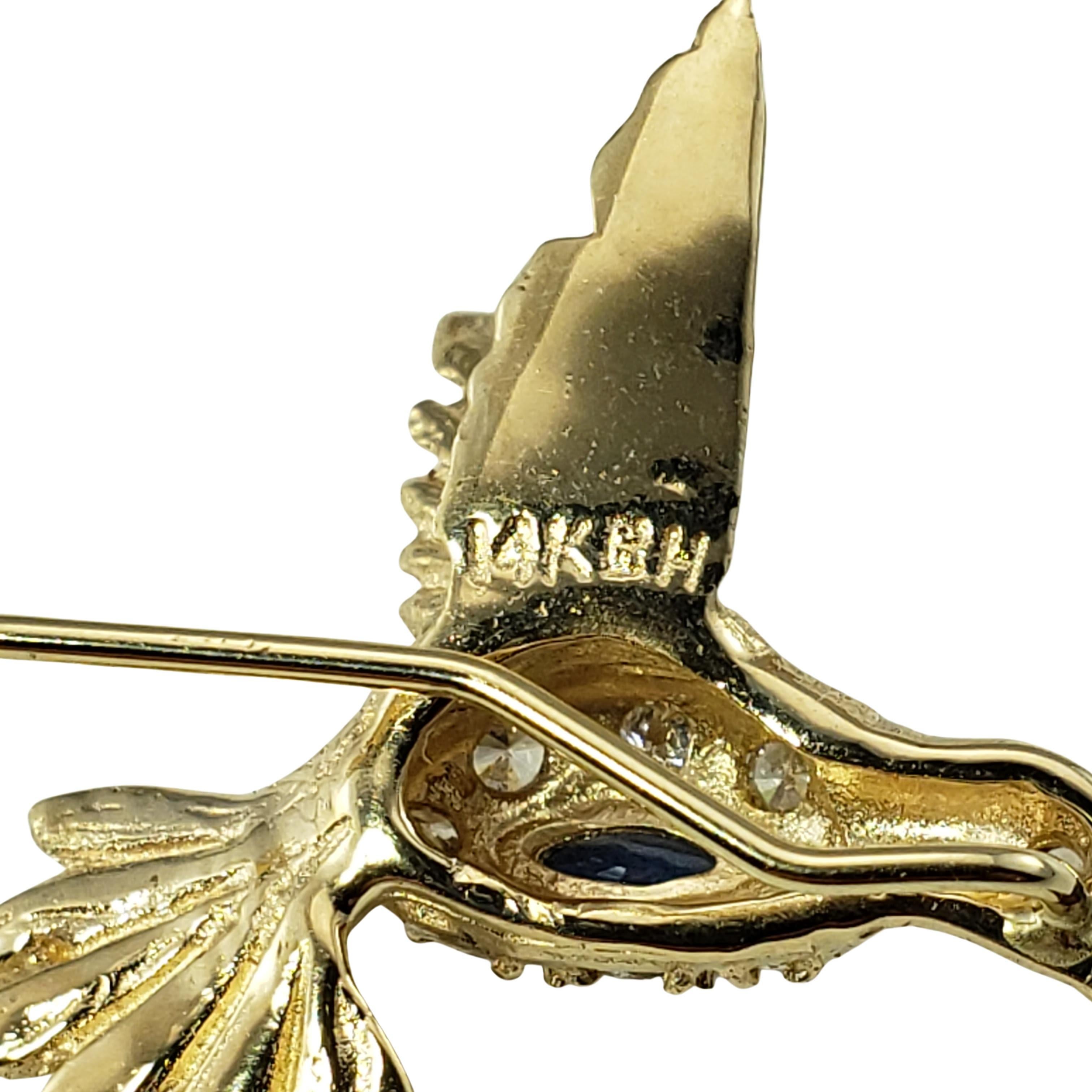 Vintage 14 Karat Yellow Gold Sapphire and Diamond Hummingbird Lapel Pin 1