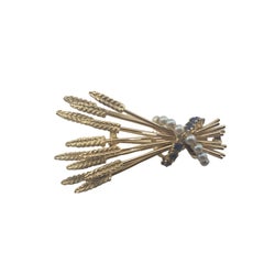Vintage 14 Karat Yellow Gold Sapphire and Pearl Wheat Brooch/Pin
