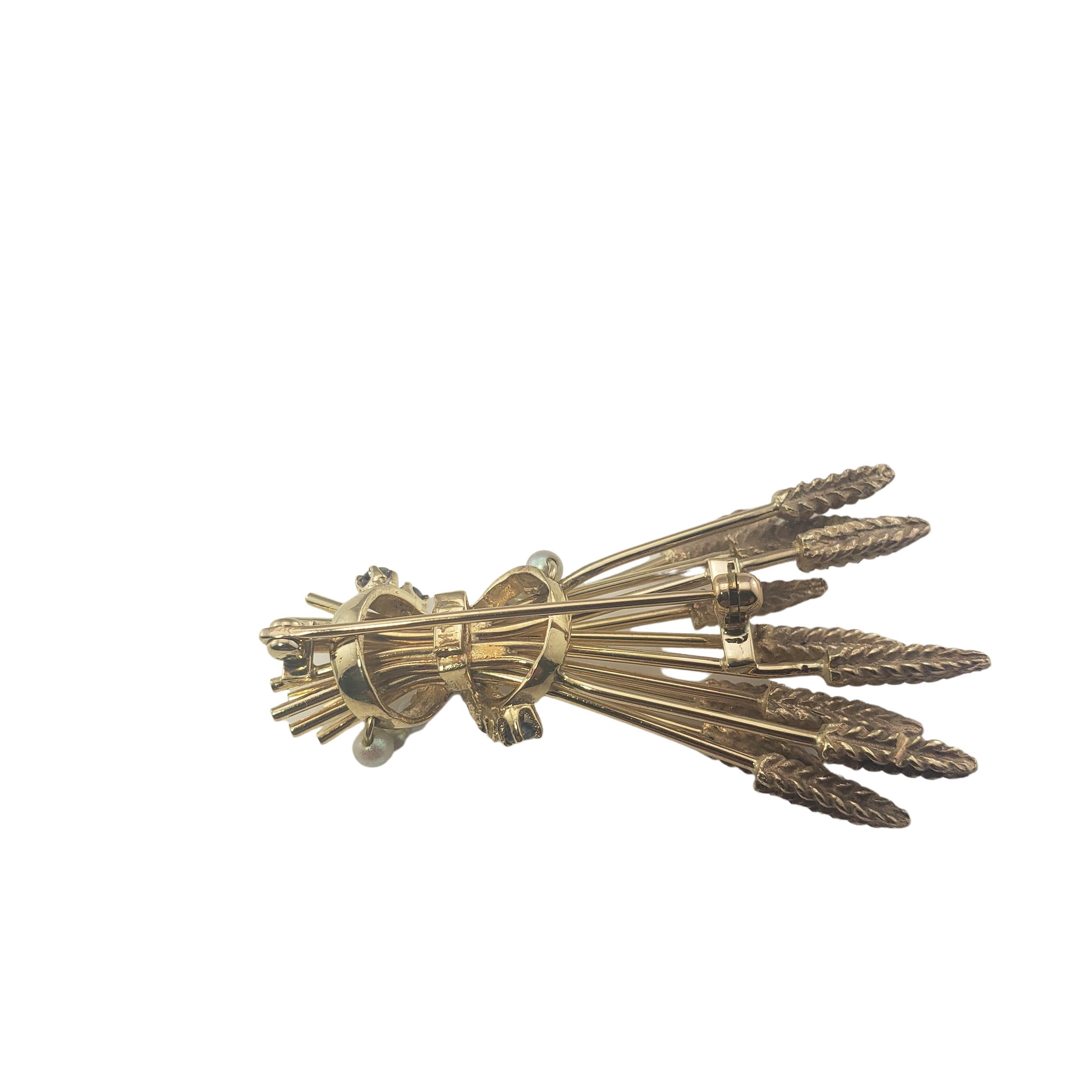 Vintage 14 Karat Yellow Gold Sapphire and Pearl Wheat Brooch/Pin In Good Condition In Washington Depot, CT