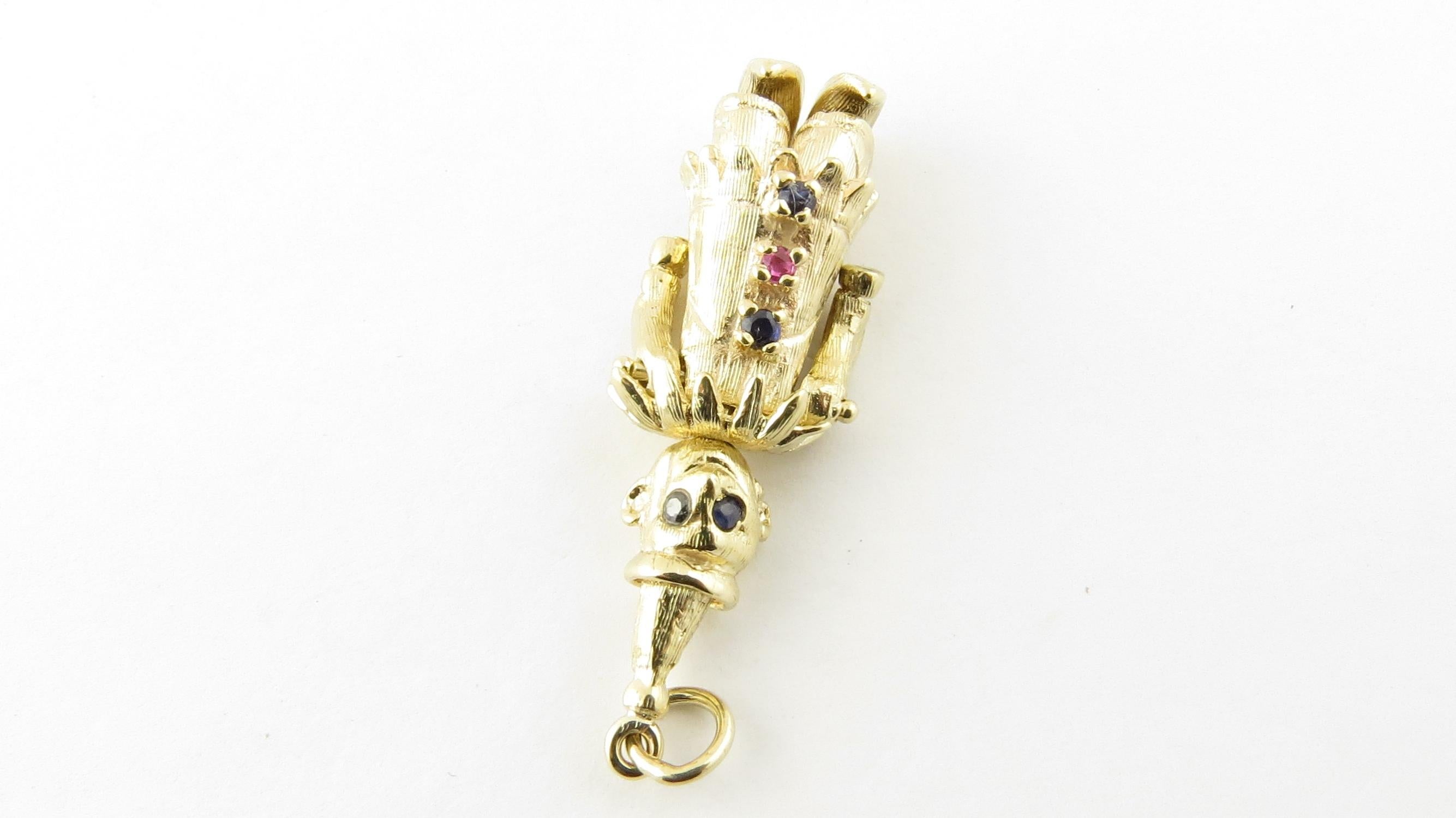 Women's Vintage 14 Karat Yellow Gold Sapphire Pearl and Ruby Articulated Clown Pendant
