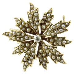 Vintage 14 Karat Yellow Gold Seed Pearl and Diamond Pendant #4364