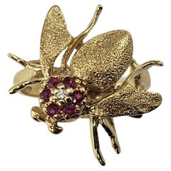 Antique 14 Karat Yellow Gold Simulated Ruby and Diamond Bee Ring
