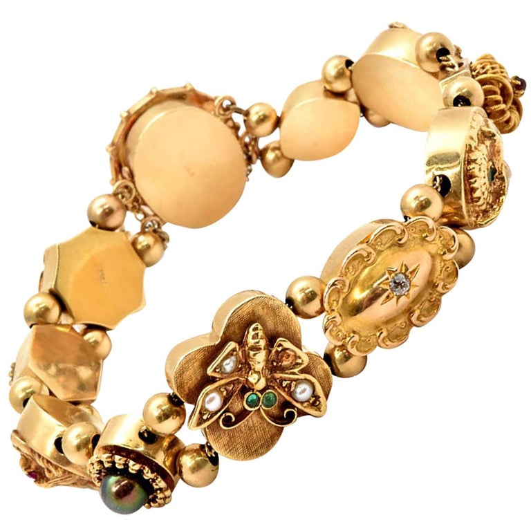 Vintage 14 Karat Yellow Gold Slide Charm Bracelet For Sale at 1stdibs