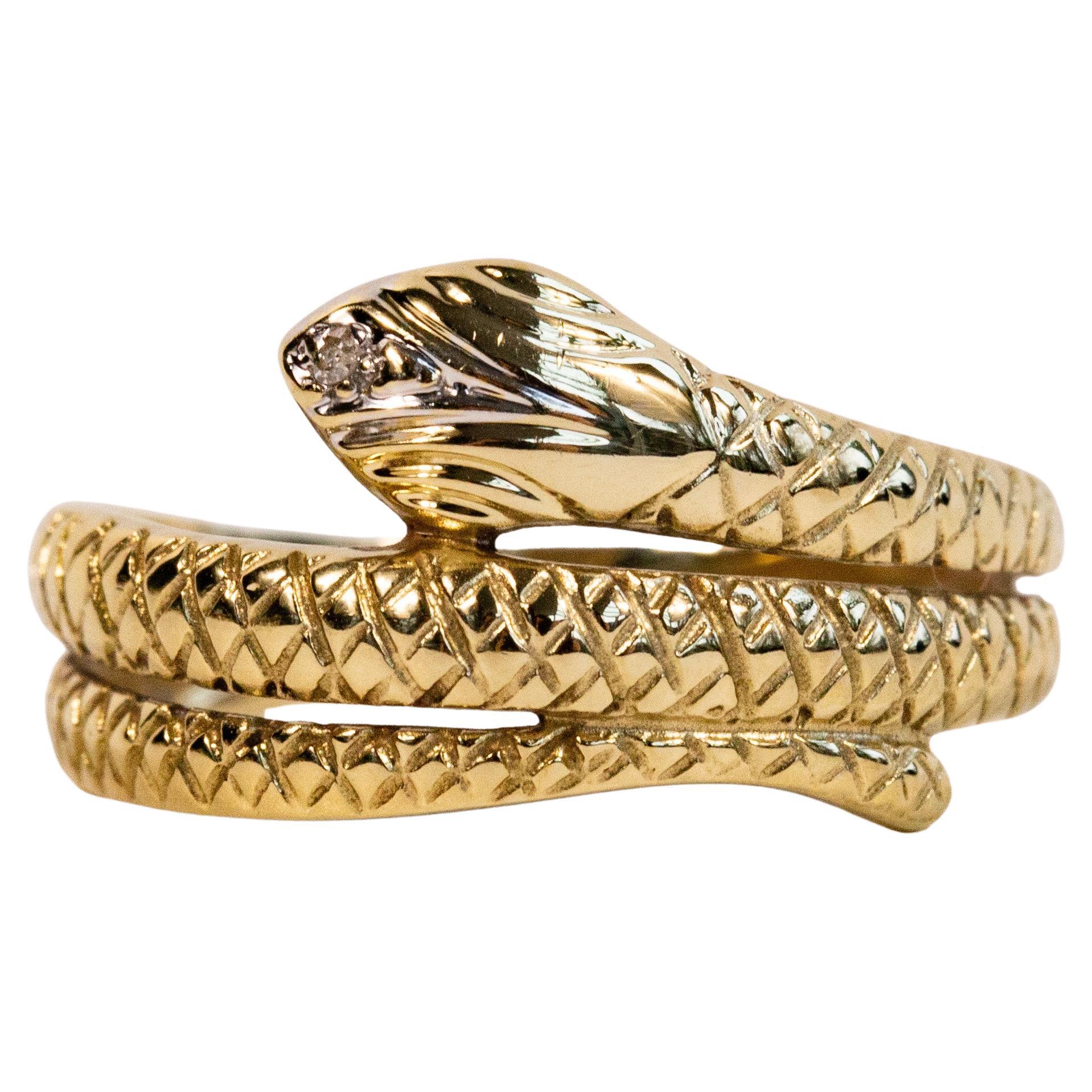 Vintage 14 Karat Yellow Gold Snake Ring with Diamond