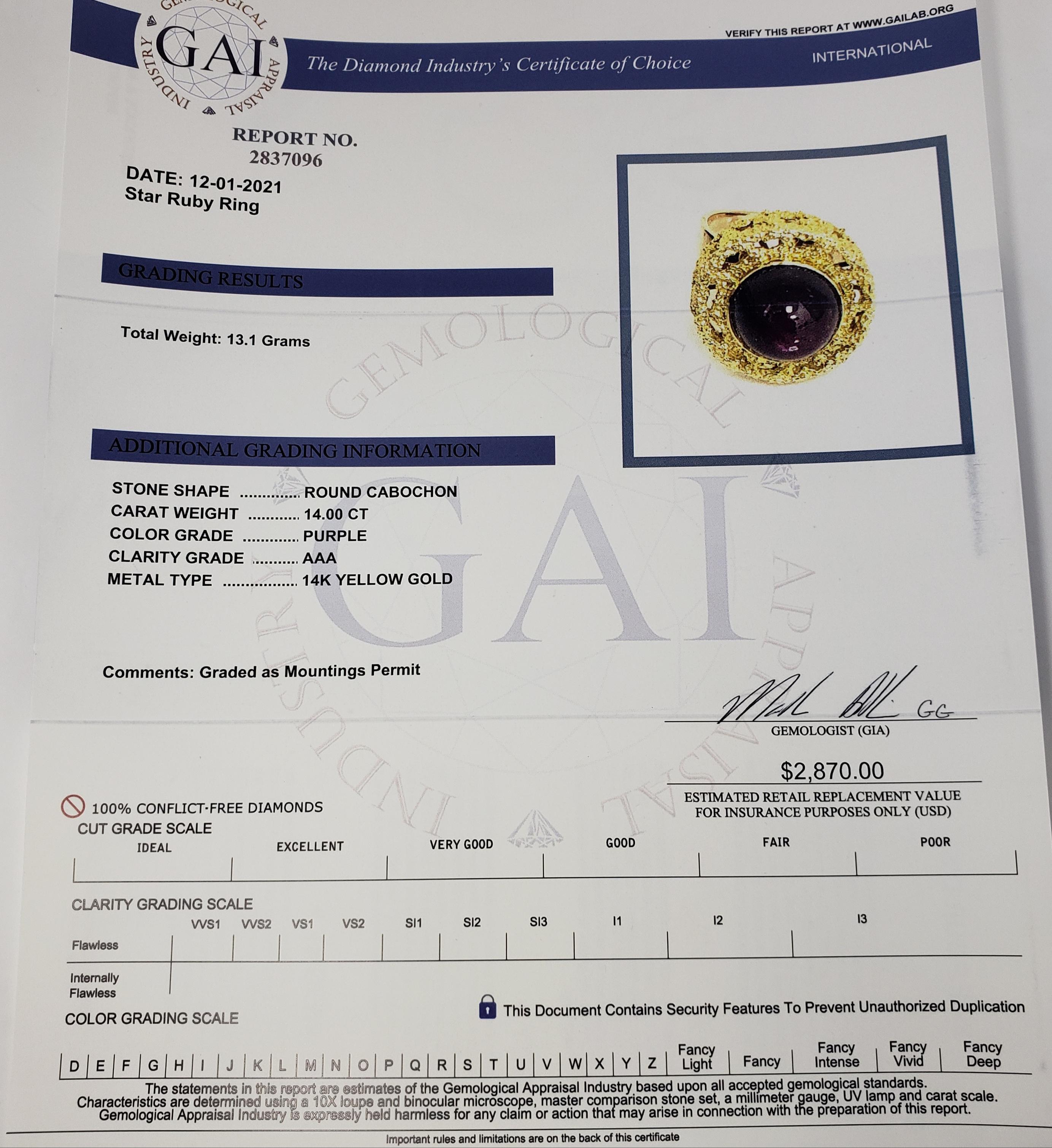 Anillo de rubí estrella de oro amarillo de 14 quilates en venta 5
