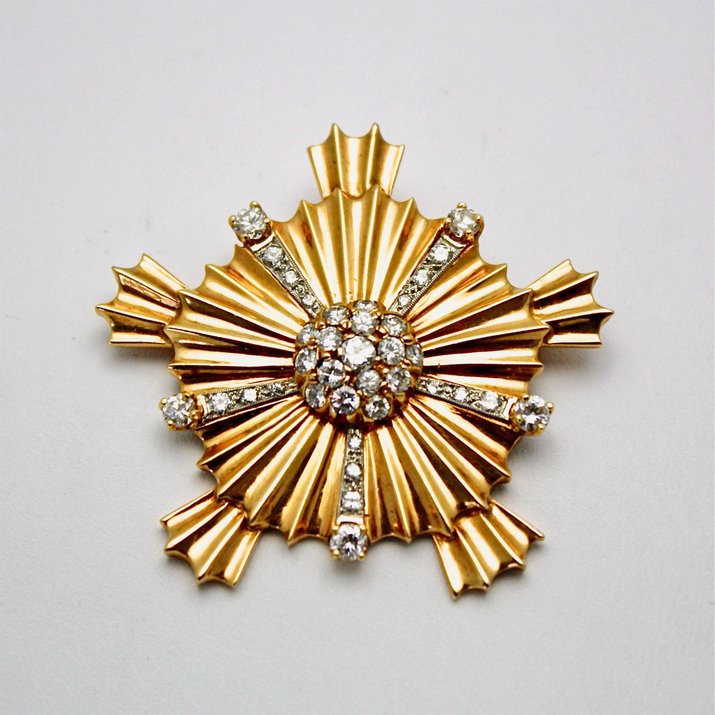 Vintage 14 Karat Yellow Gold Starburst Cross Pendant Brooch 36 Diamonds In Good Condition In North Hollywood, CA