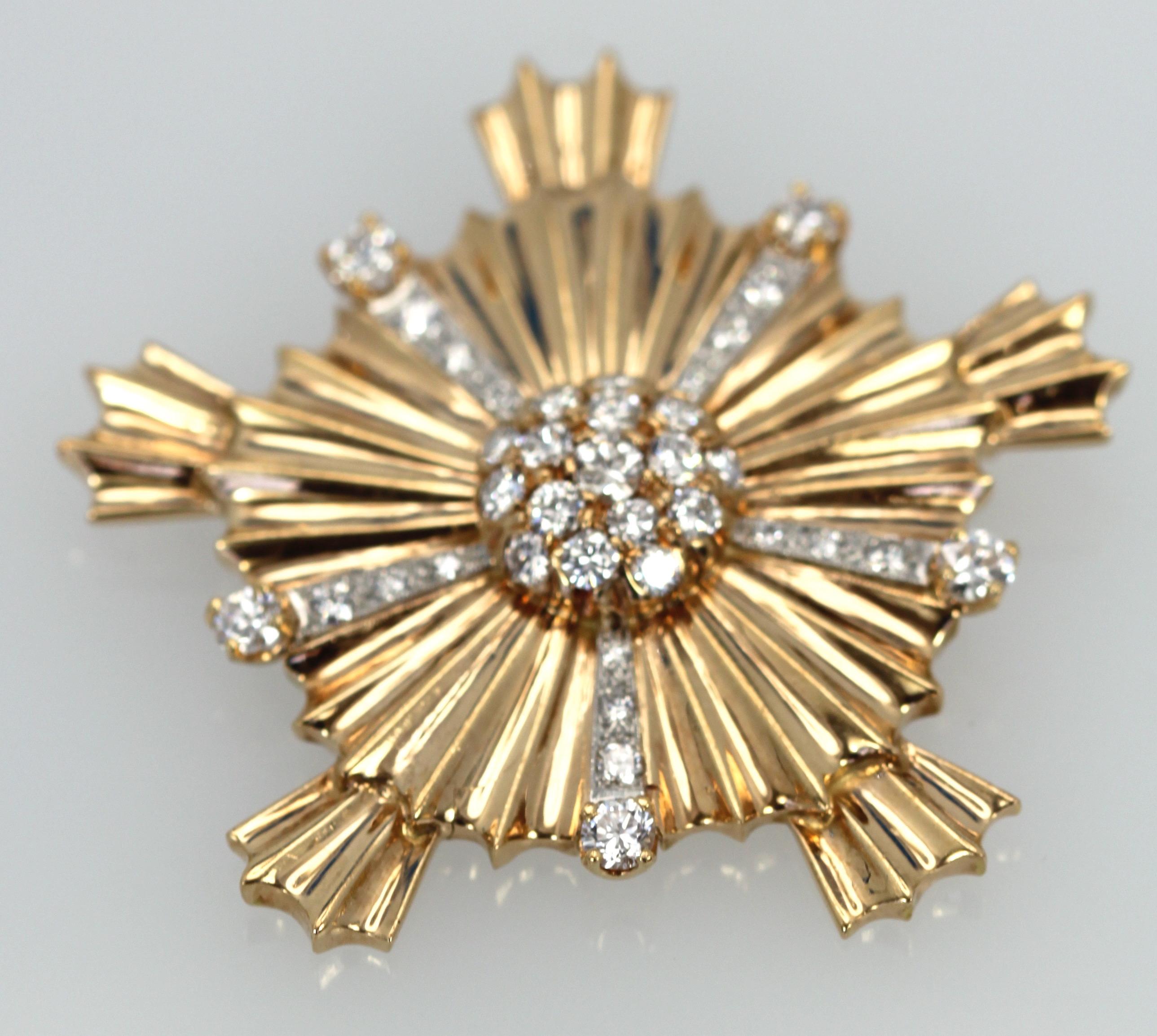 Women's Vintage 14 Karat Yellow Gold Starburst Cross Pendant Brooch 36 Diamonds