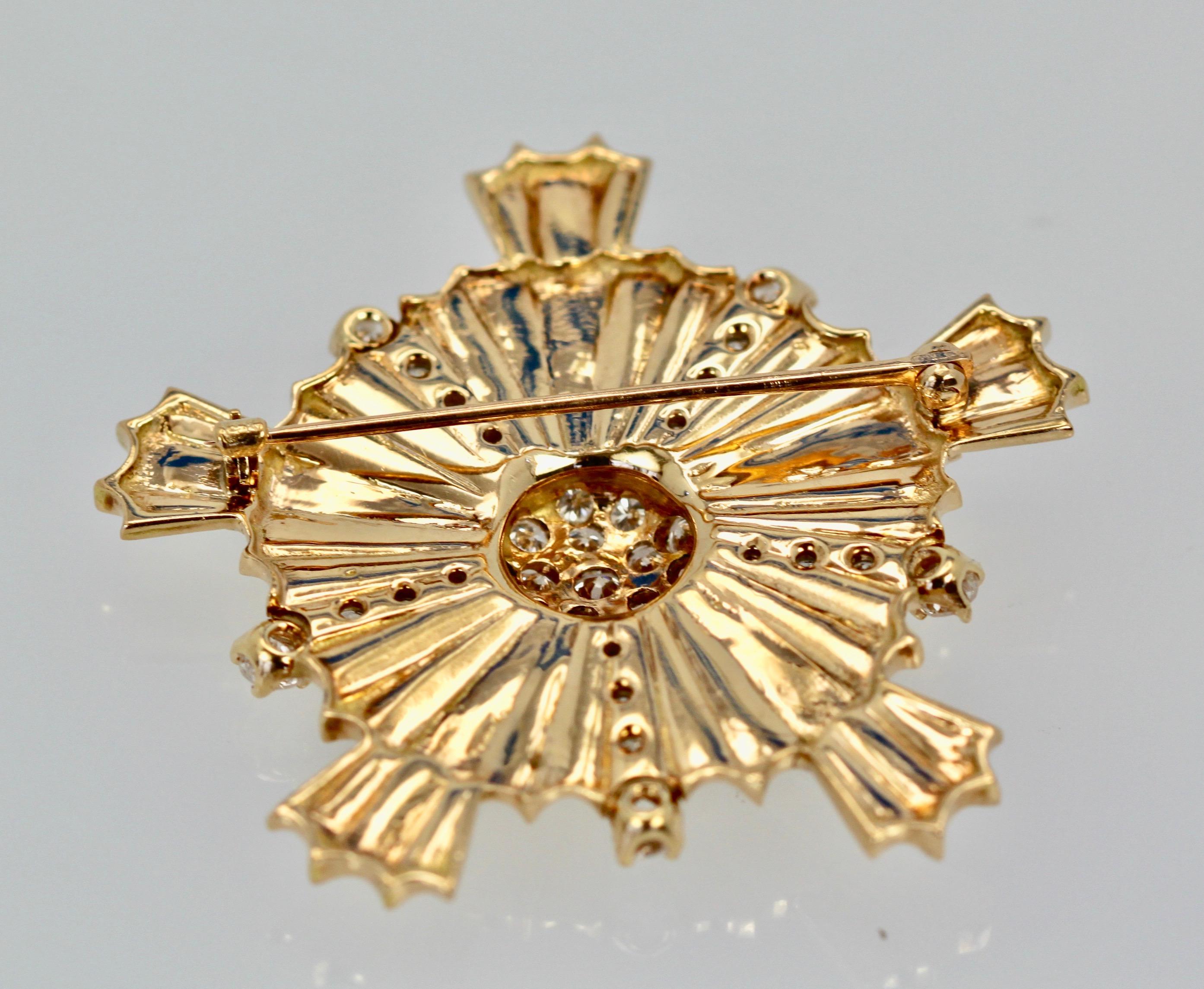 Vintage 14 Karat Yellow Gold Starburst Cross Pendant Brooch 36 Diamonds 1