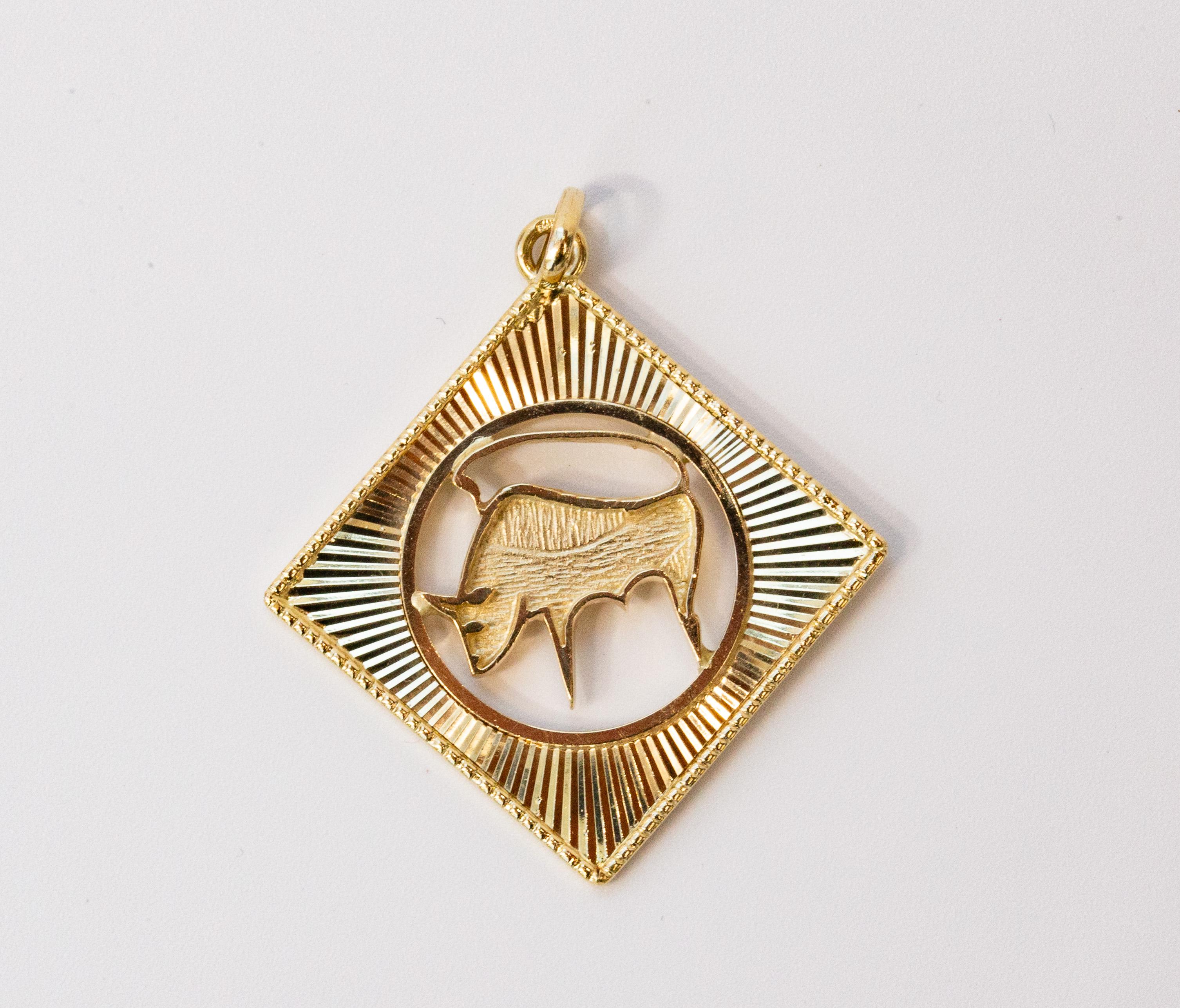 Women's or Men's Vintage 14 Karat Yellow Gold Taurus Zodiac Pendant Charm For Sale
