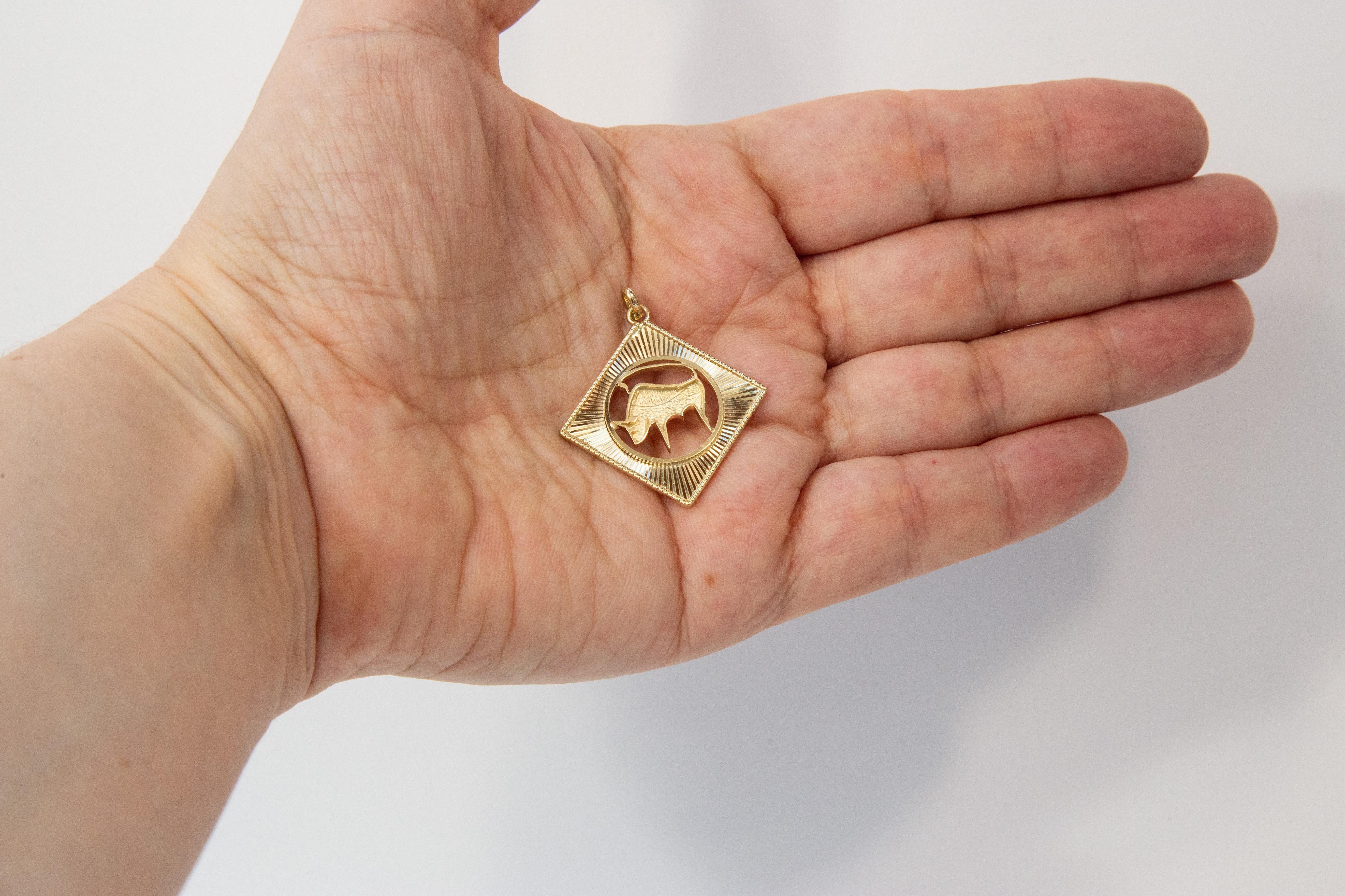 Vintage 14 Karat Yellow Gold Taurus Zodiac Pendant Charm For Sale 1