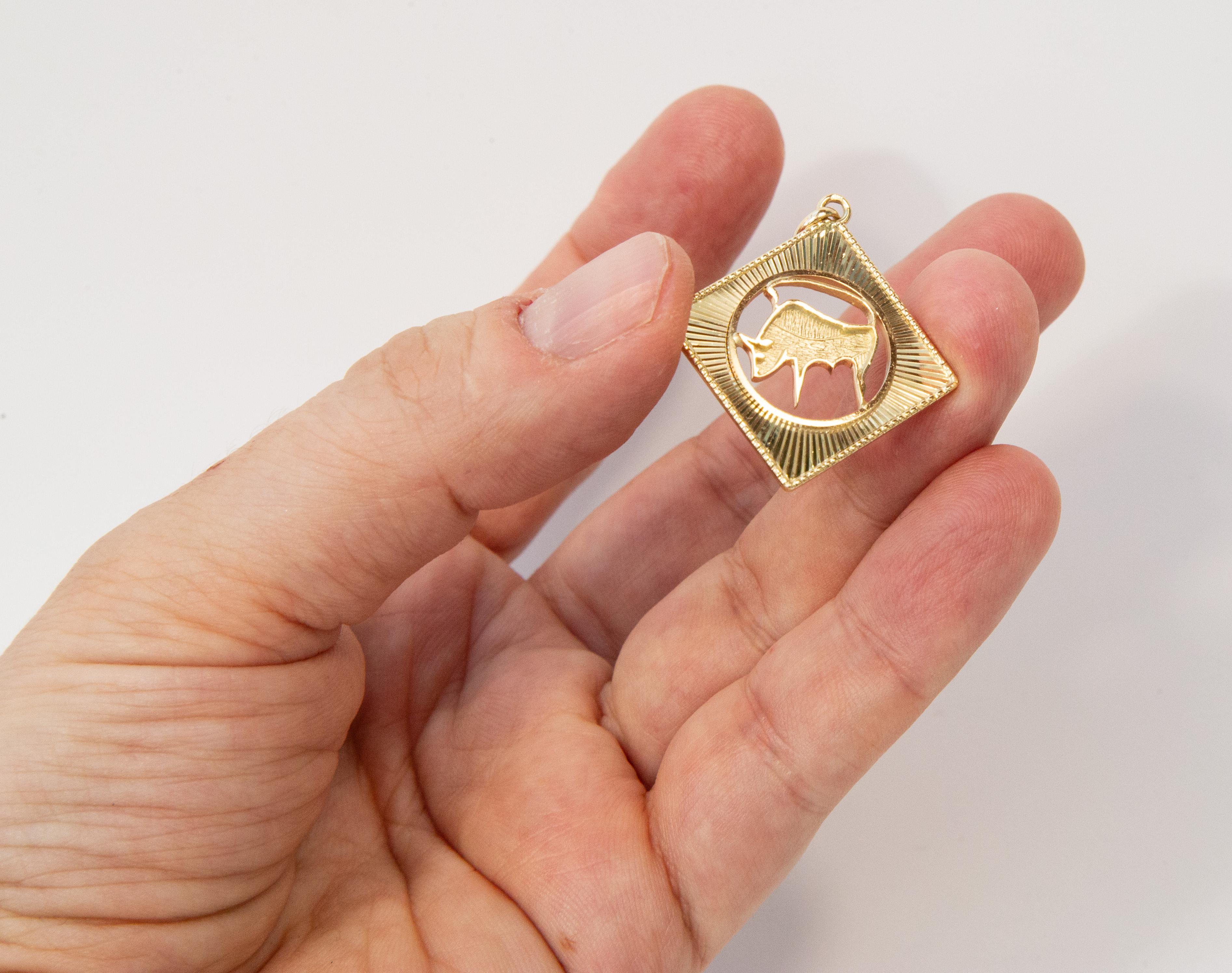 Vintage 14 Karat Yellow Gold Taurus Zodiac Pendant Charm For Sale 2