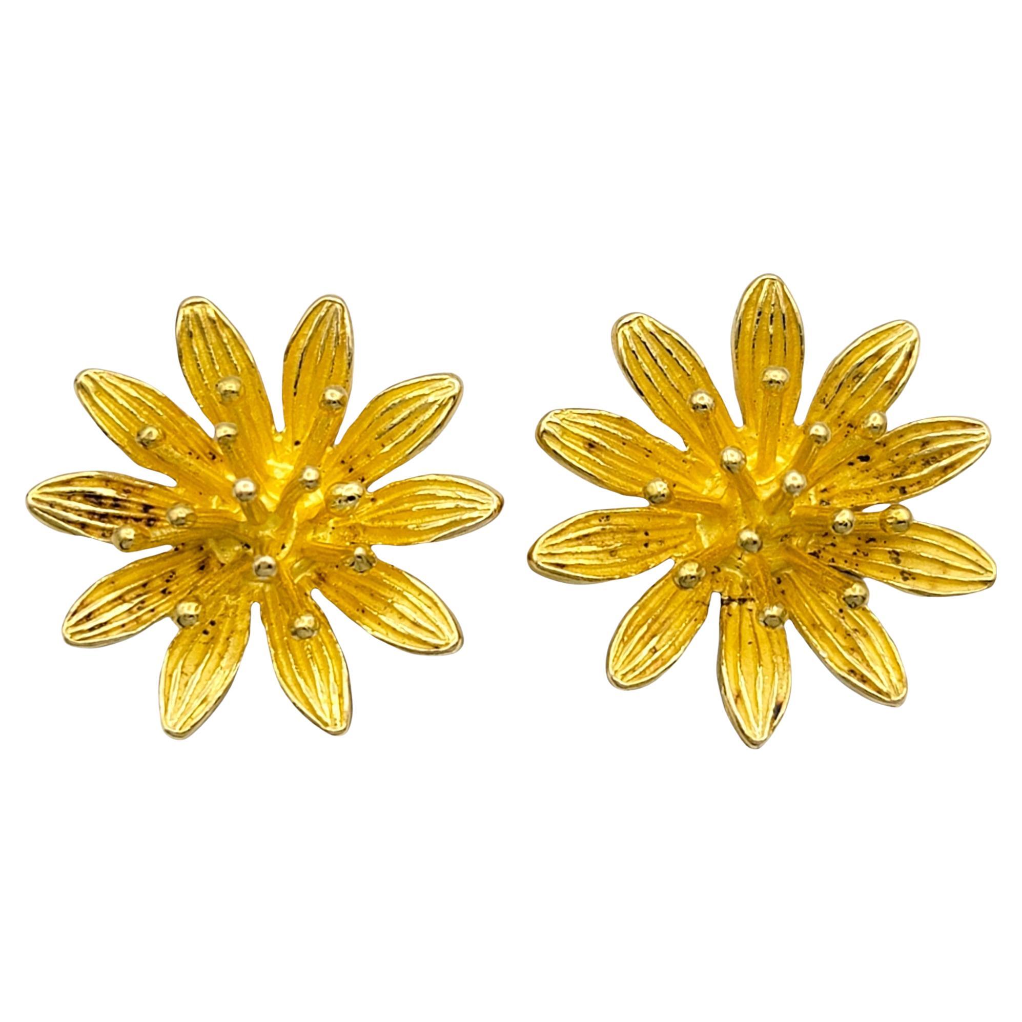 Vintage 14 Karat Yellow Gold Textured 3D Flower Motif Large Stud Earrings