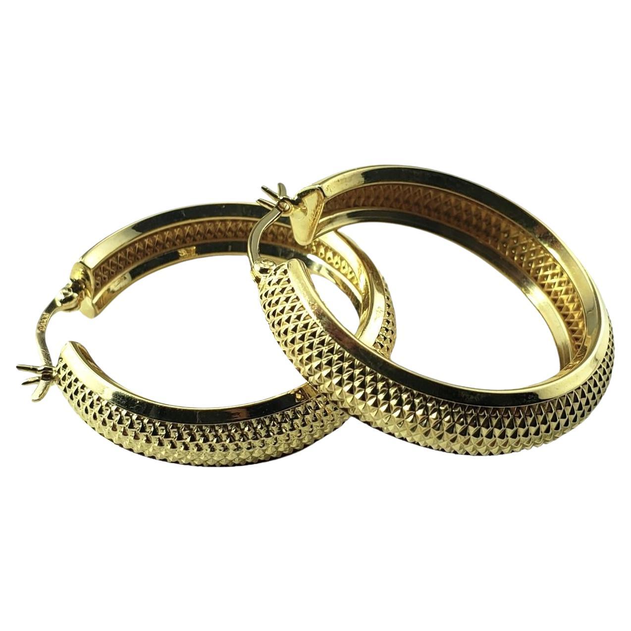 Vintage 14 Karat Yellow Gold Textured Hoop Earrings #15337 For Sale