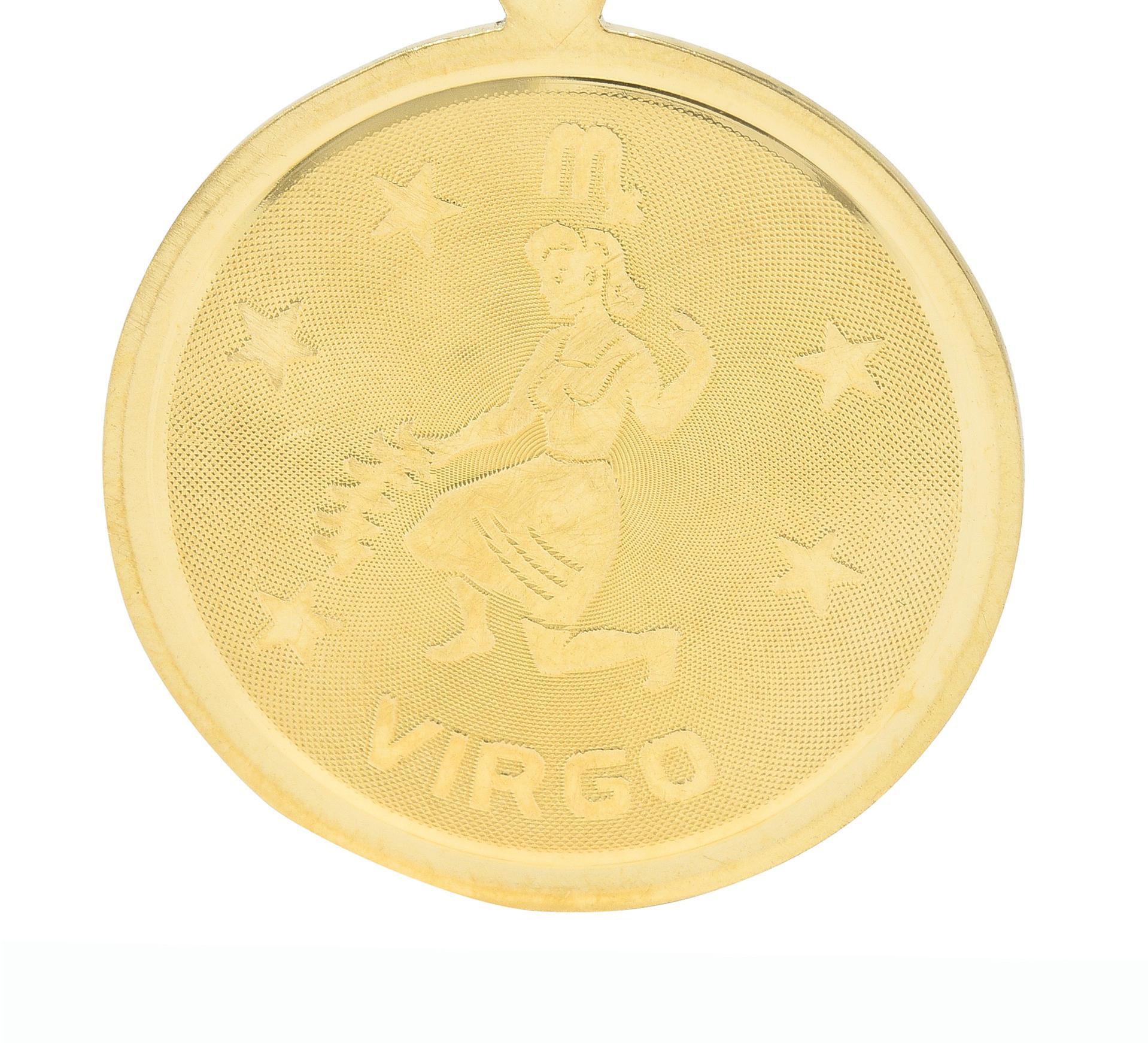 Vintage 14 Karat Yellow Gold Virgo Zodiac Medallion Pendant Charm In Excellent Condition For Sale In Philadelphia, PA