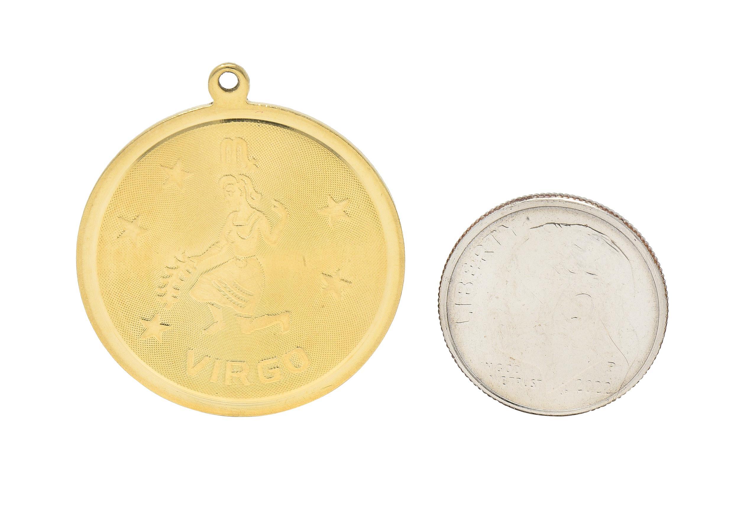 Women's or Men's Vintage 14 Karat Yellow Gold Virgo Zodiac Medallion Pendant Charm For Sale