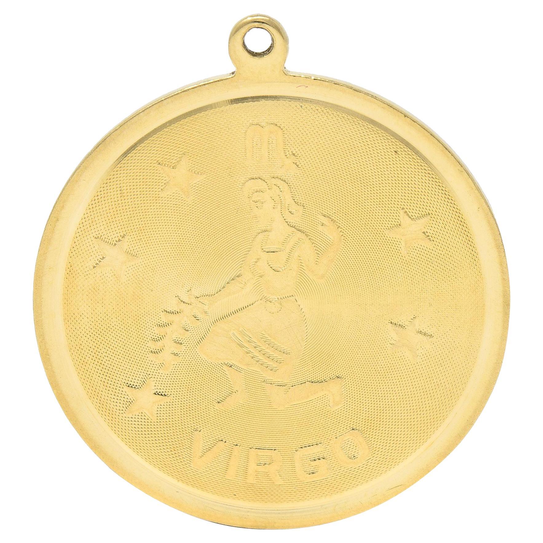 Vintage 14 Karat Yellow Gold Virgo Zodiac Medallion Pendant Charm For Sale
