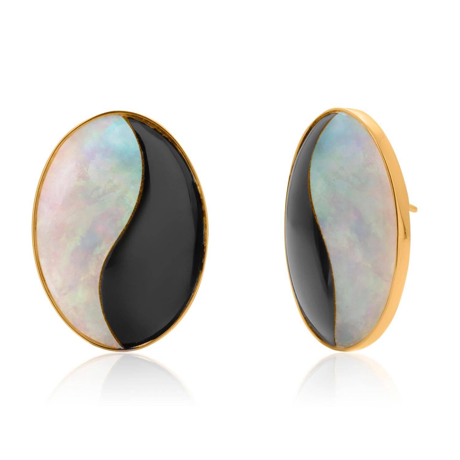 Oval Cut Vintage 14 Karat Yellow Gold White Mother of Pearl Onyx Oval 1 Inch Earrings For Sale