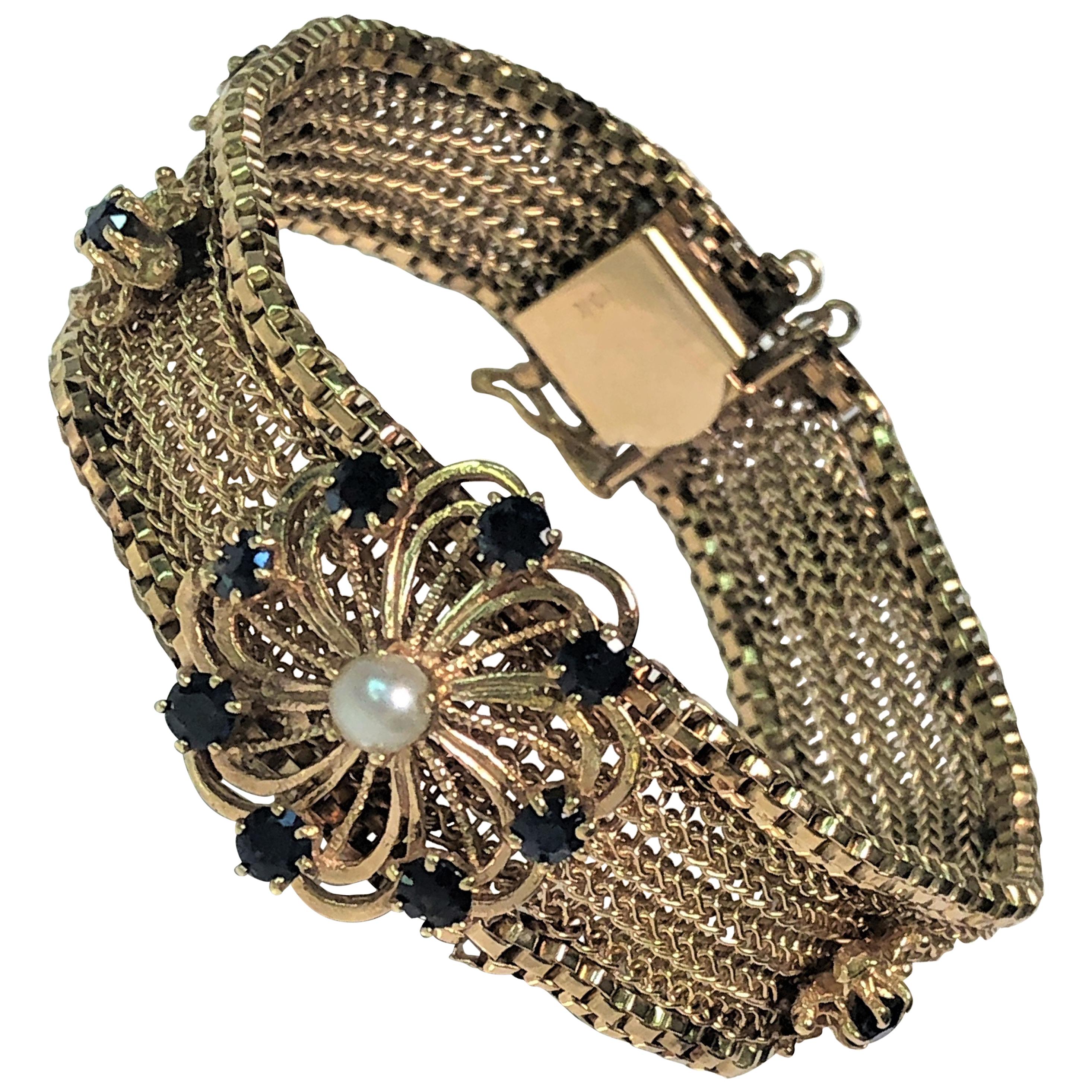 Vintage 14 Karat Yellow Sapphire Pearl Mesh Bracelet