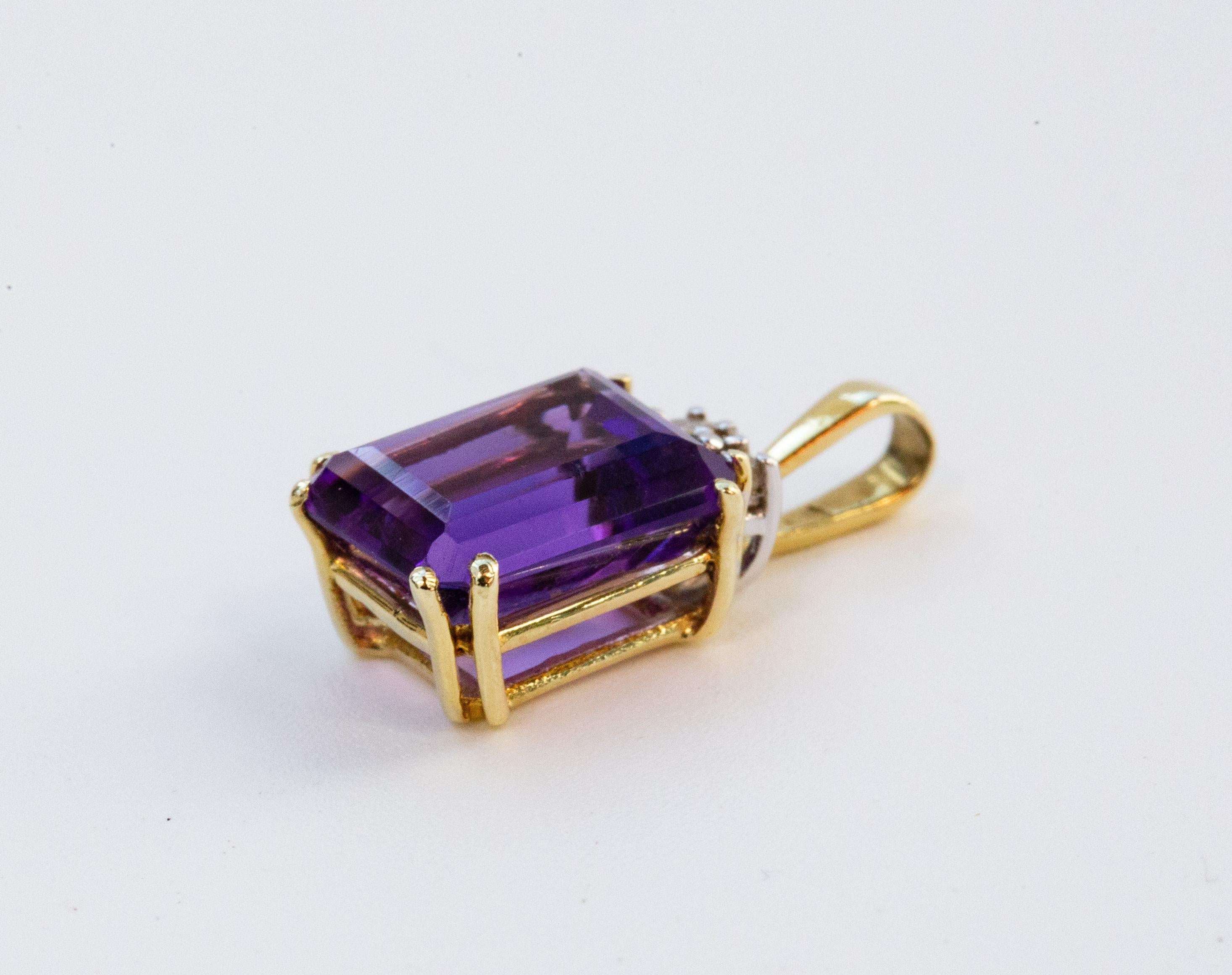 Rétro Pendentif vintage en or jaune 14 carats avec améthyste et diamants en vente