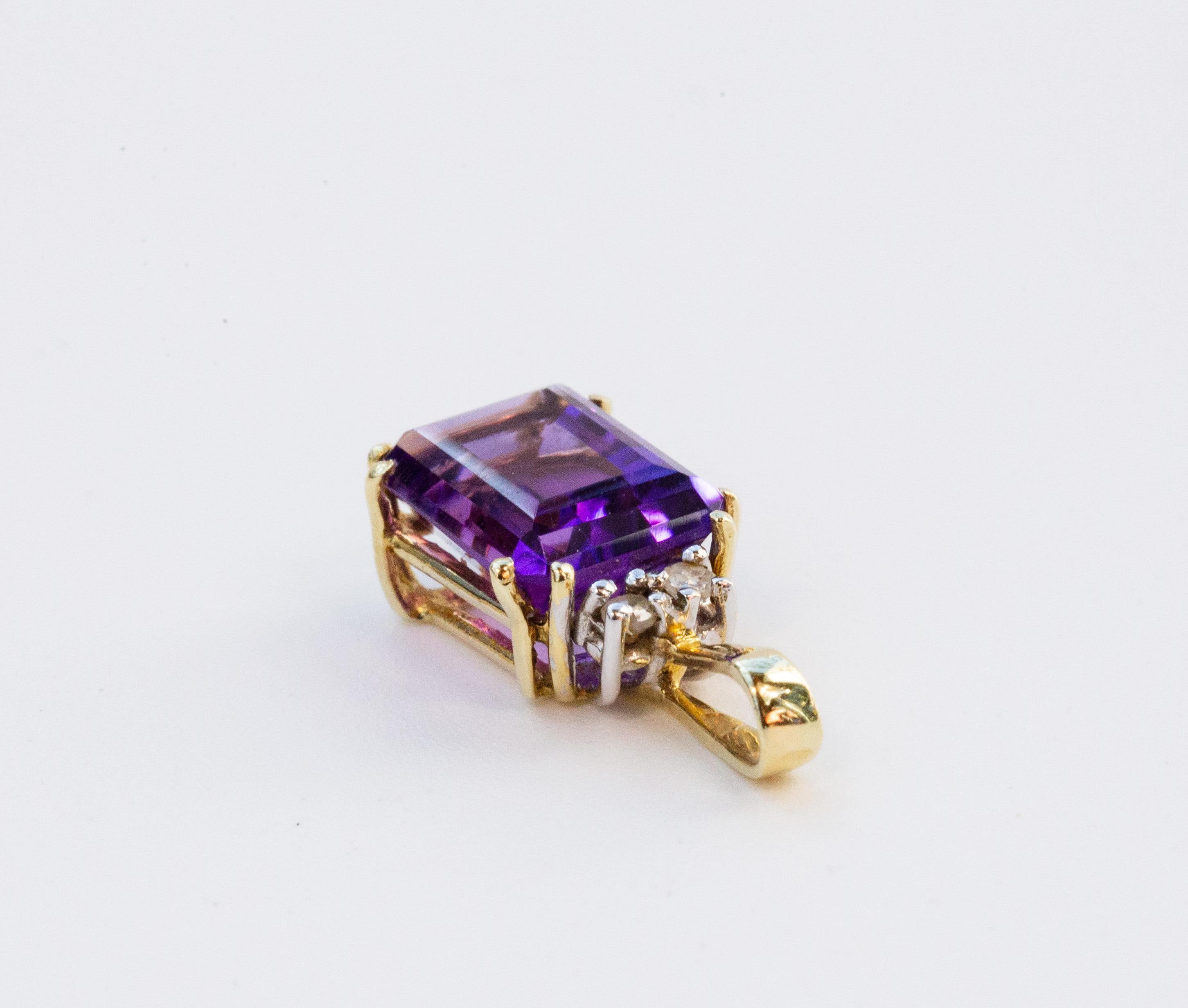 Taille émeraude Pendentif vintage en or jaune 14 carats avec améthyste et diamants en vente