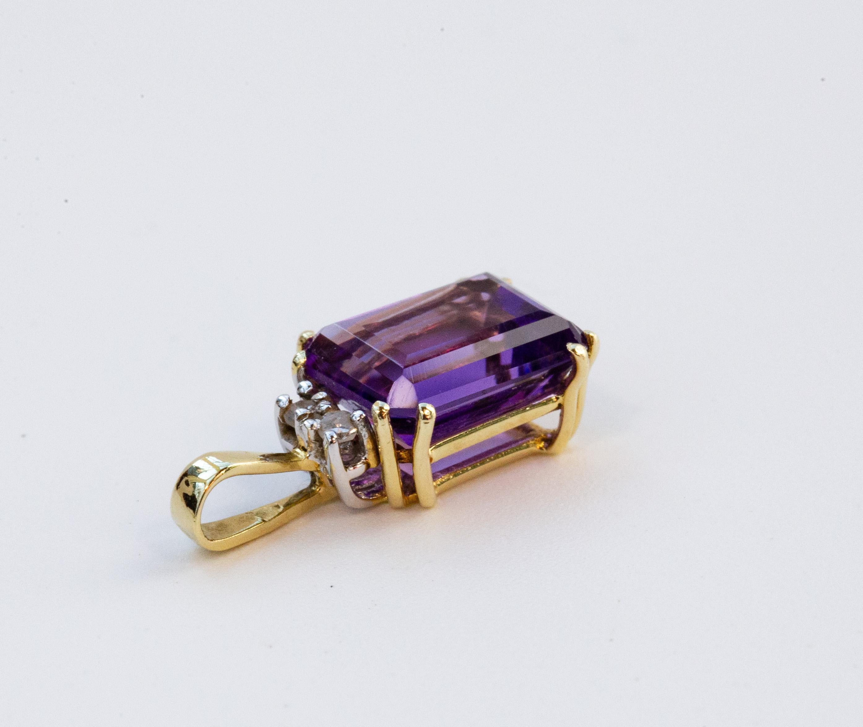 Pendentif vintage en or jaune 14 carats avec améthyste et diamants Bon état - En vente à Arnhem, NL