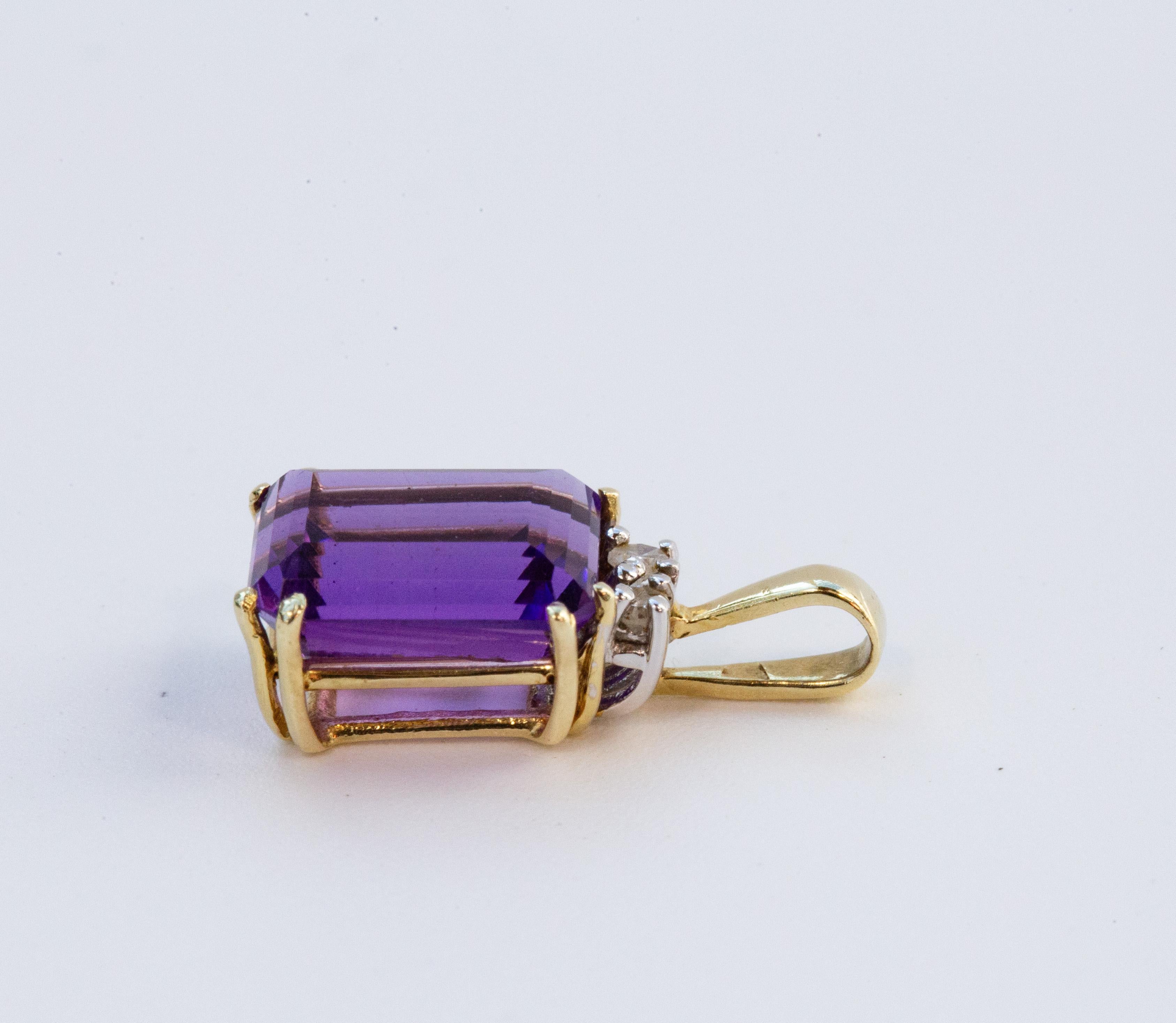 Pendentif vintage en or jaune 14 carats avec améthyste et diamants en vente 2