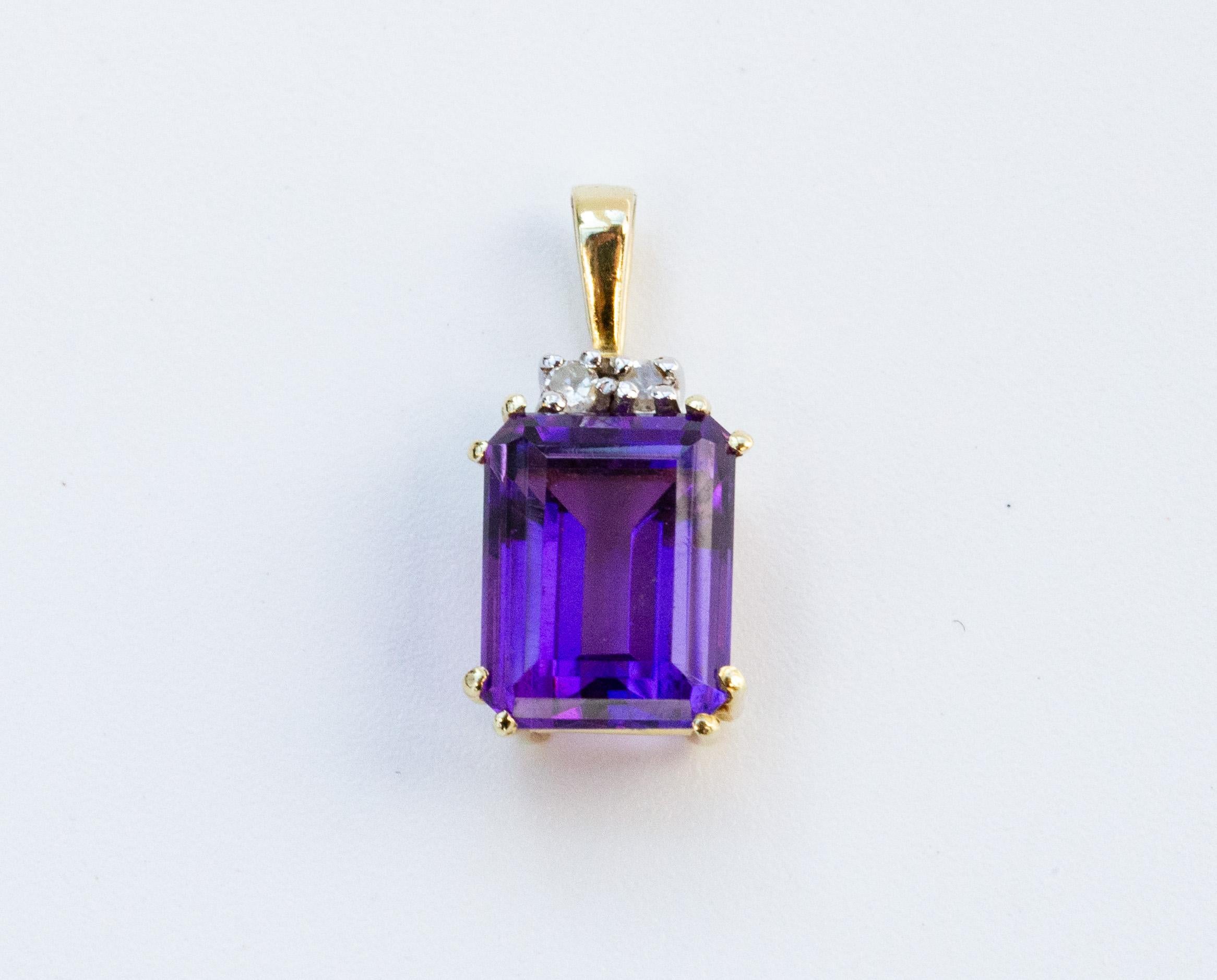 Pendentif vintage en or jaune 14 carats avec améthyste et diamants en vente 3